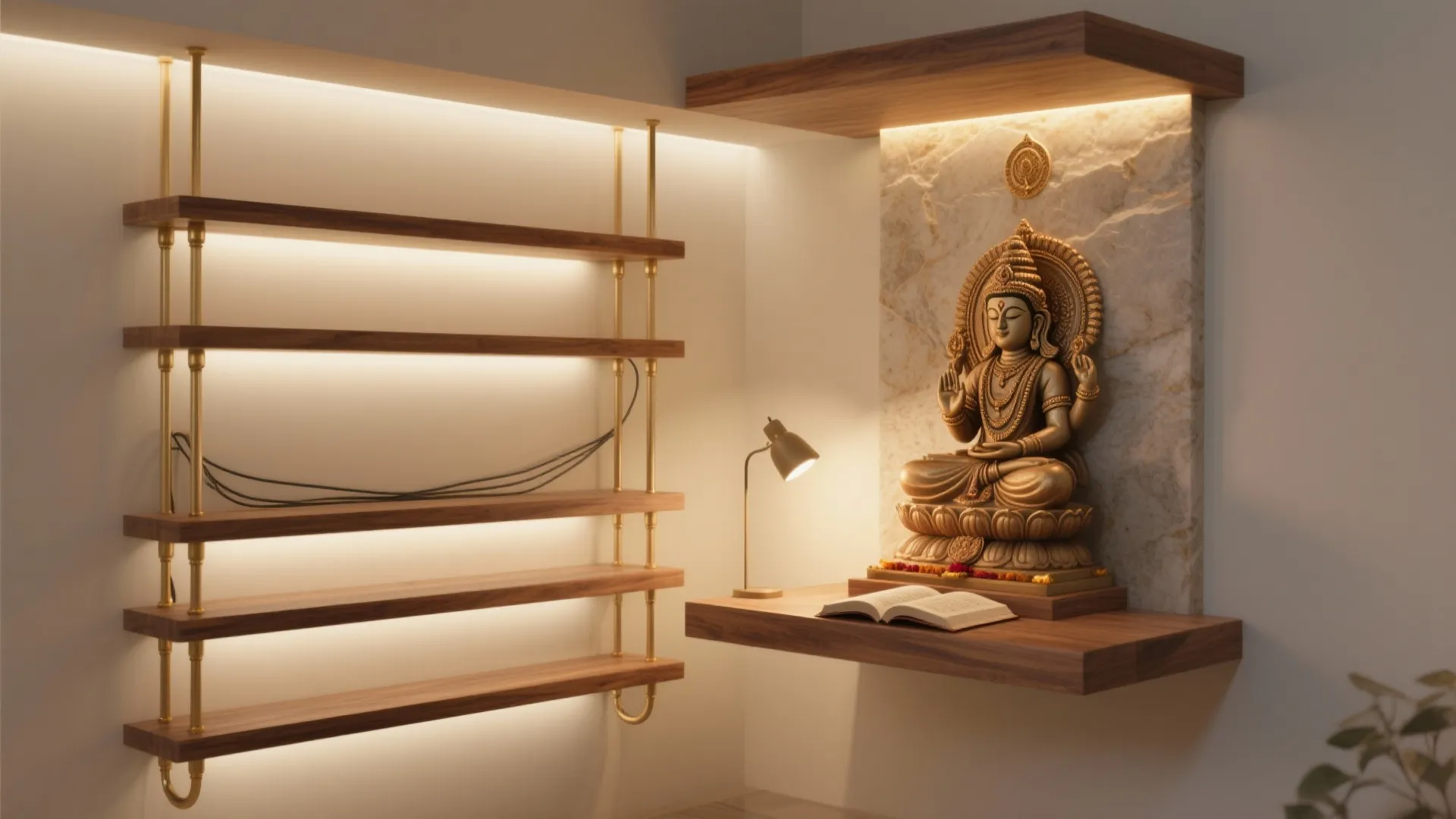 Floating shelf shrine with layered lighting
