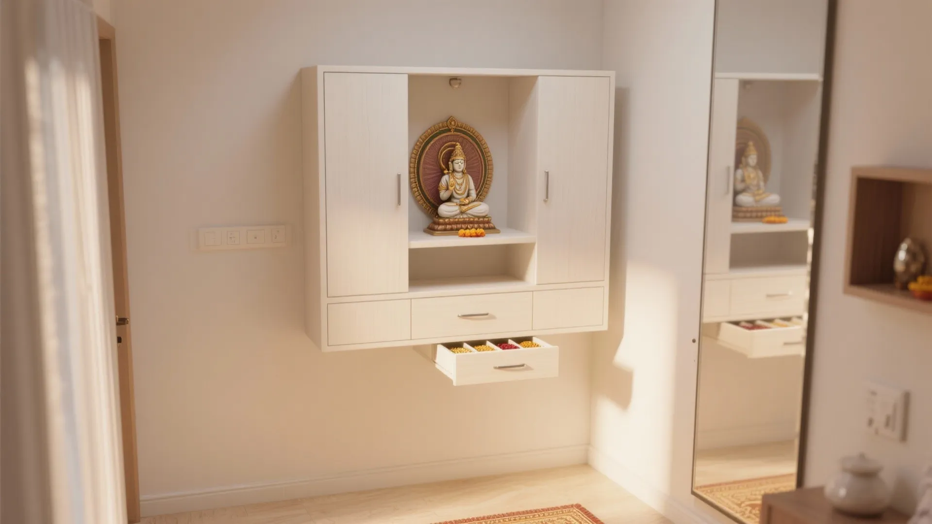 Modern white floating wall cabinet featuring an open middle shelf for a small gold statue