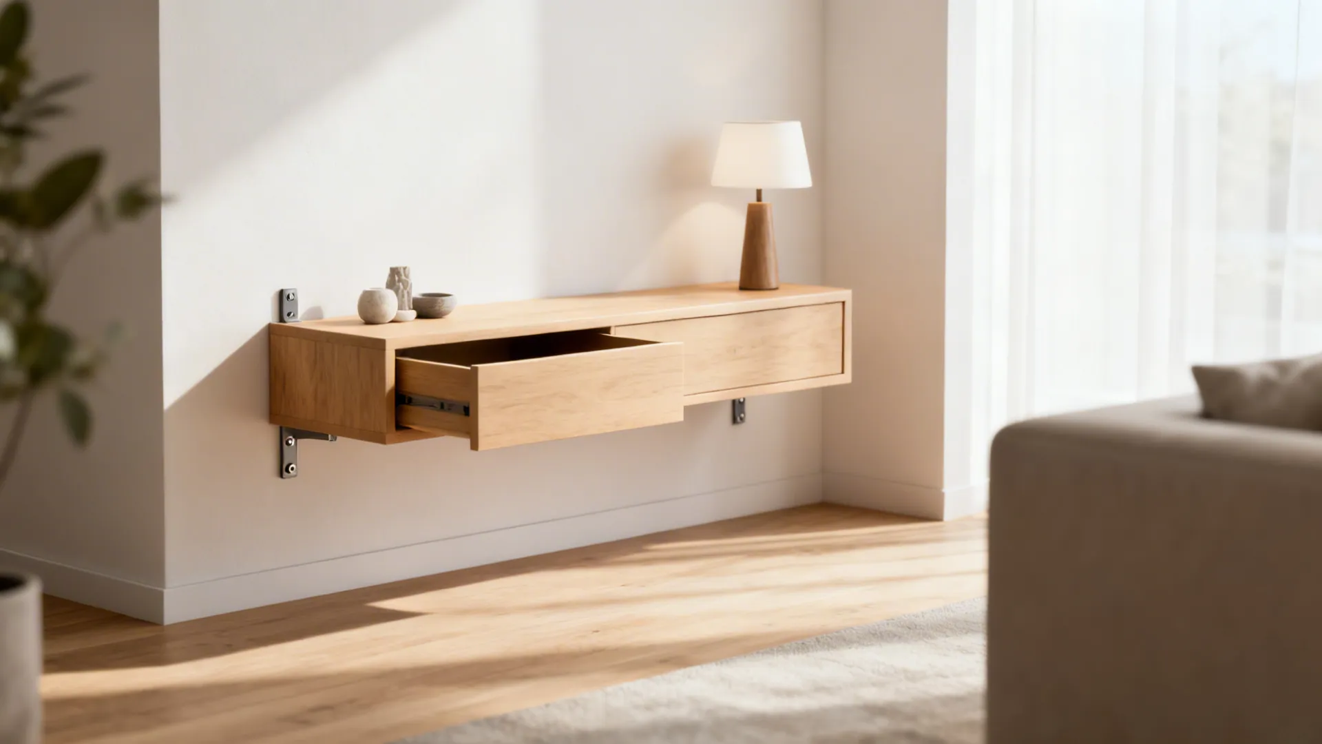 Wall-mounted floating side shelf with a shallow drawer creating airy floor space.