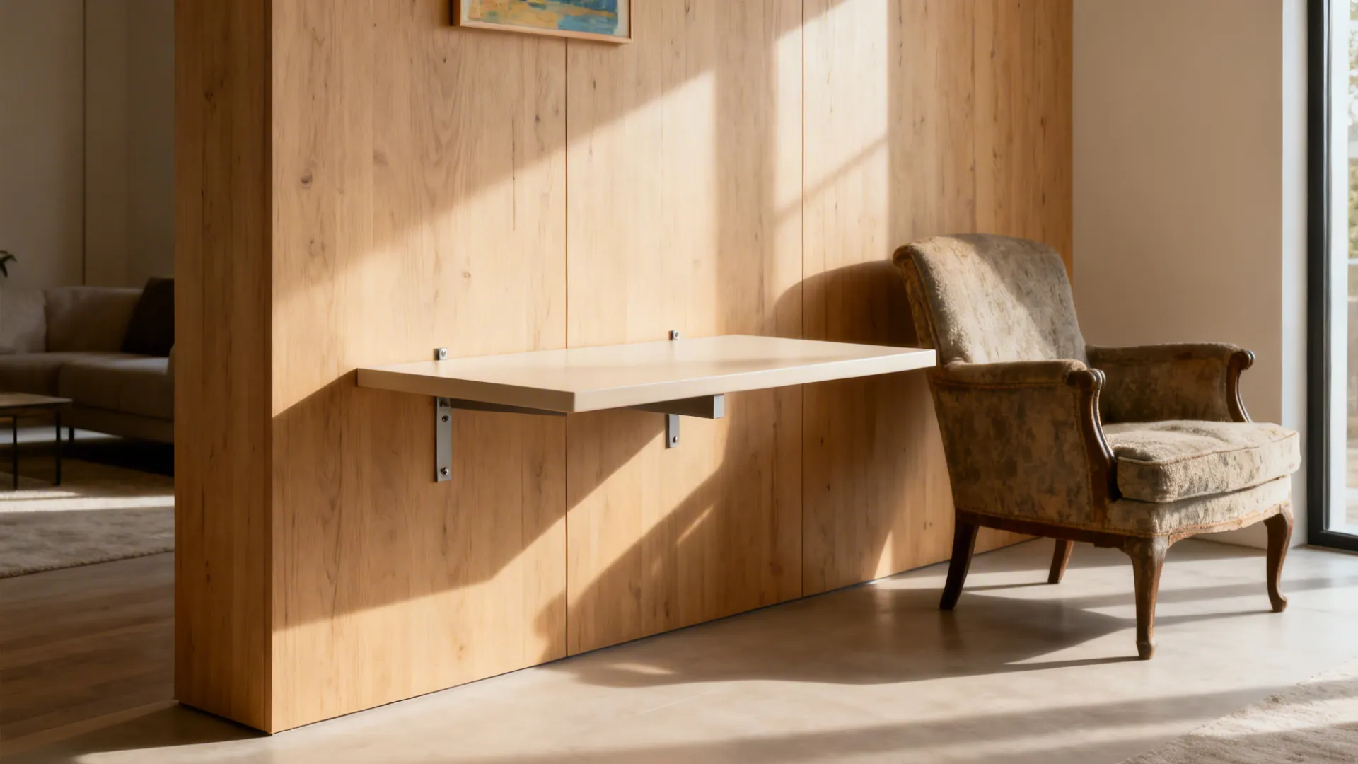 Floating wall-mounted side table beside a vintage armchair in a bright living room.