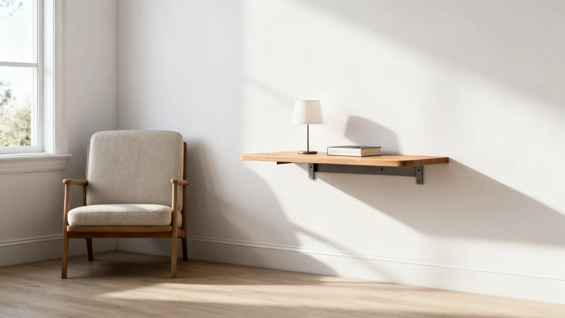 Modern wooden floating wall shelf with small table lamp and book next to a beige armchair