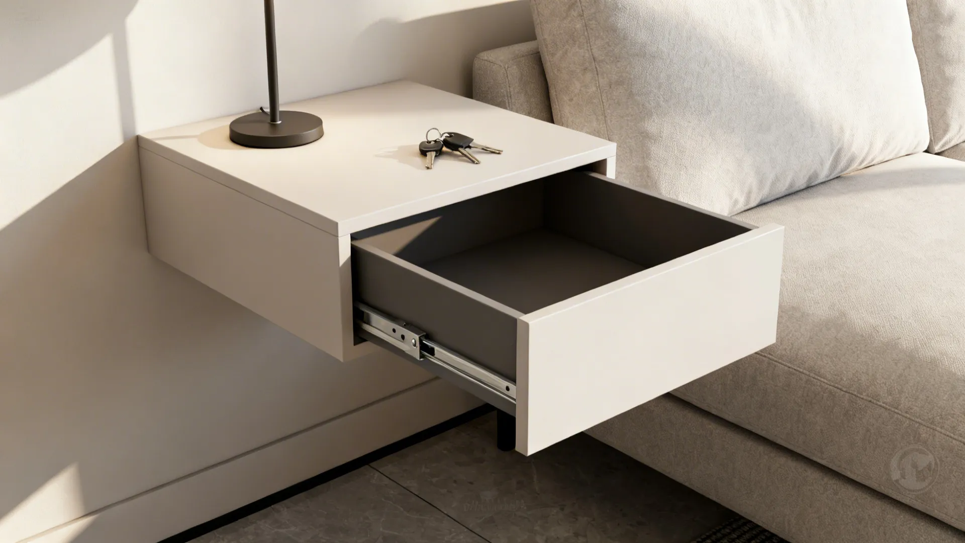 Wall-mounted floating side table with a shallow drawer beside a sofa, leaving the floor open.