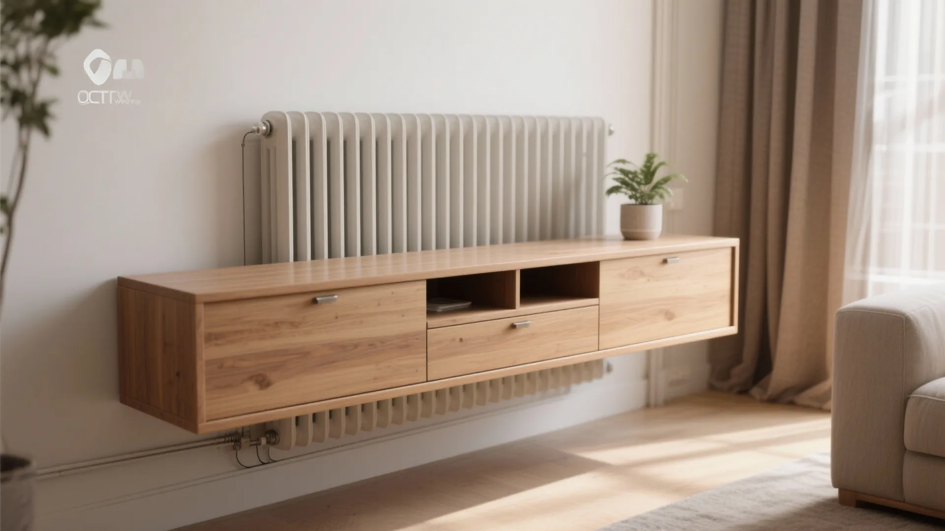 Floating wood cabinet mounted over white radiator in bright living room next to grey sofa