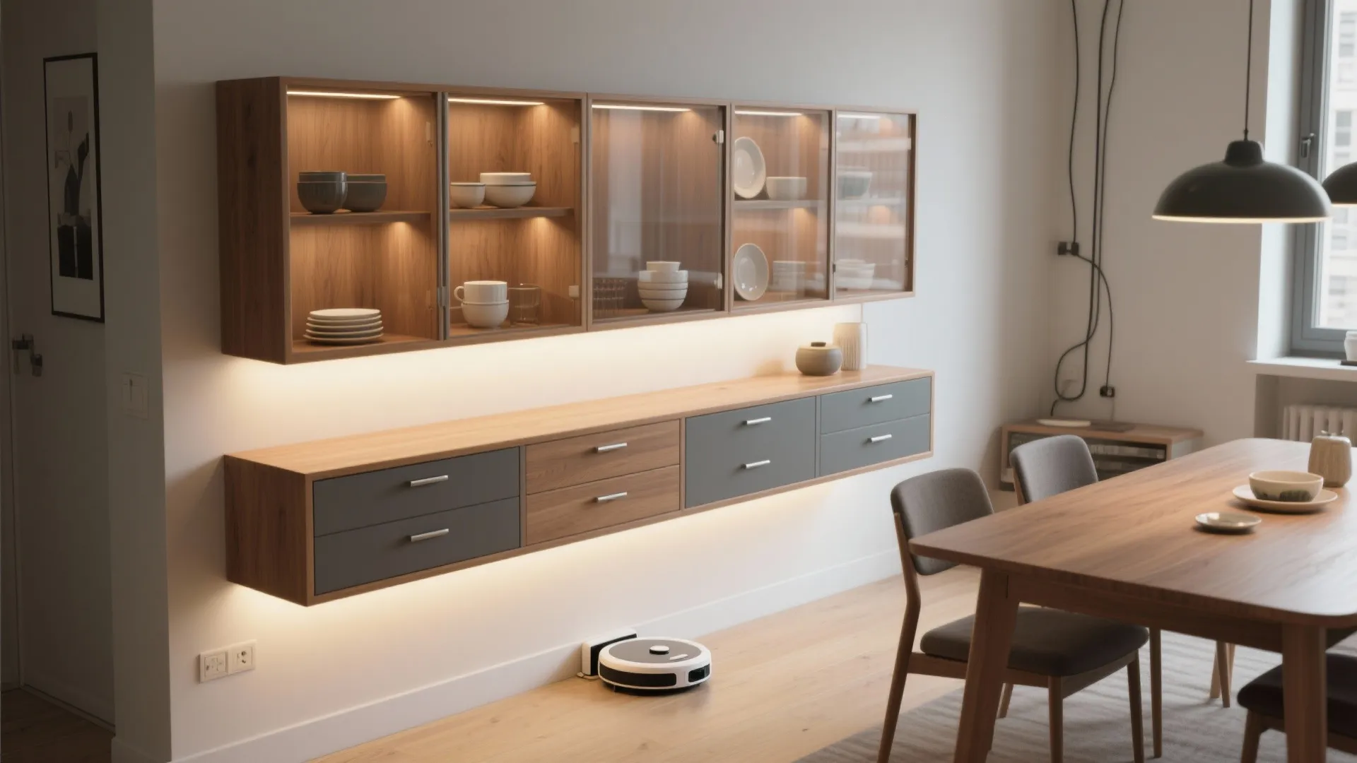 Floating sideboard with mixed open and glass-front storage