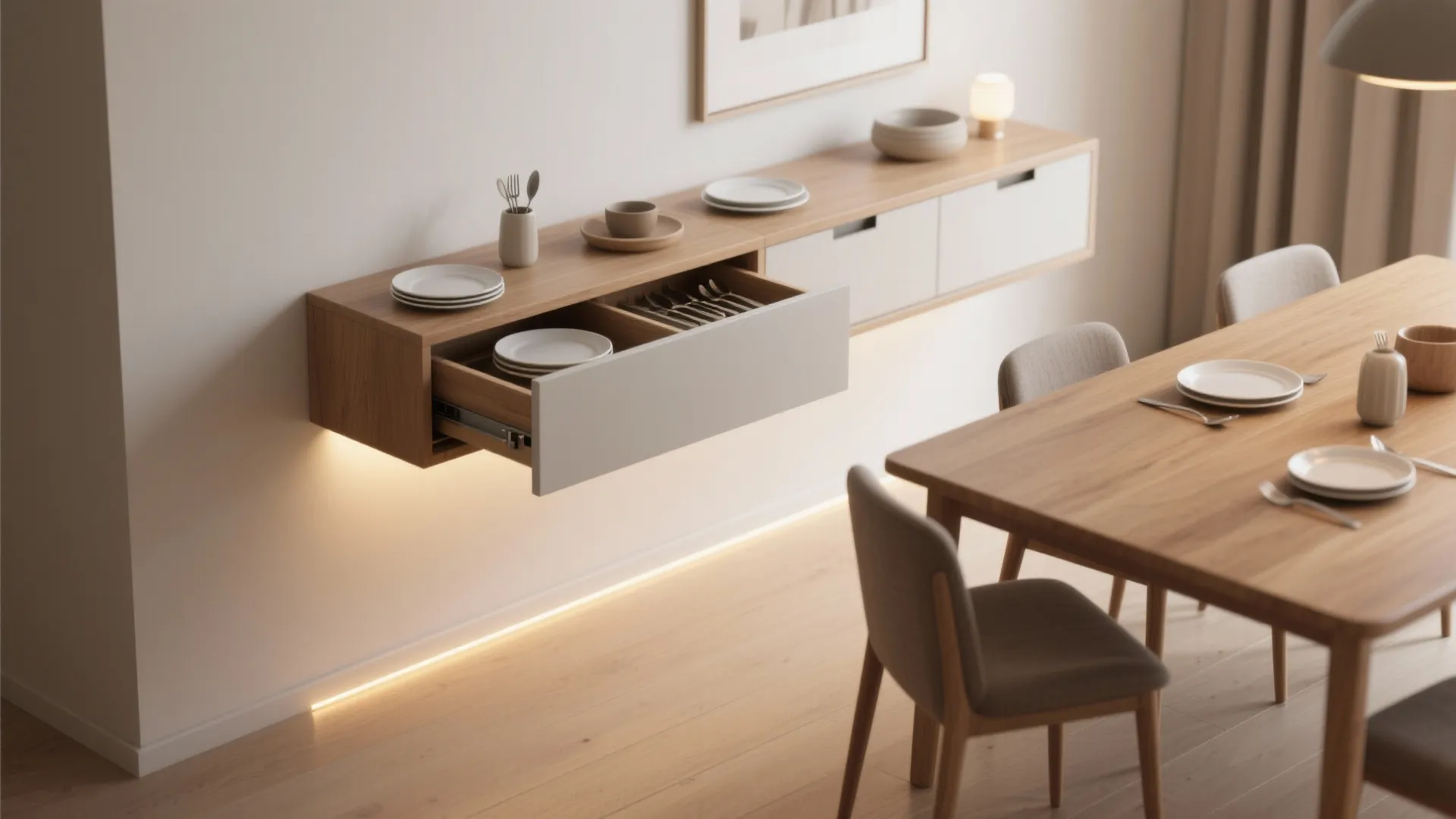 Floating wooden cabinet with an open drawer showing cutlery and light on a white wall