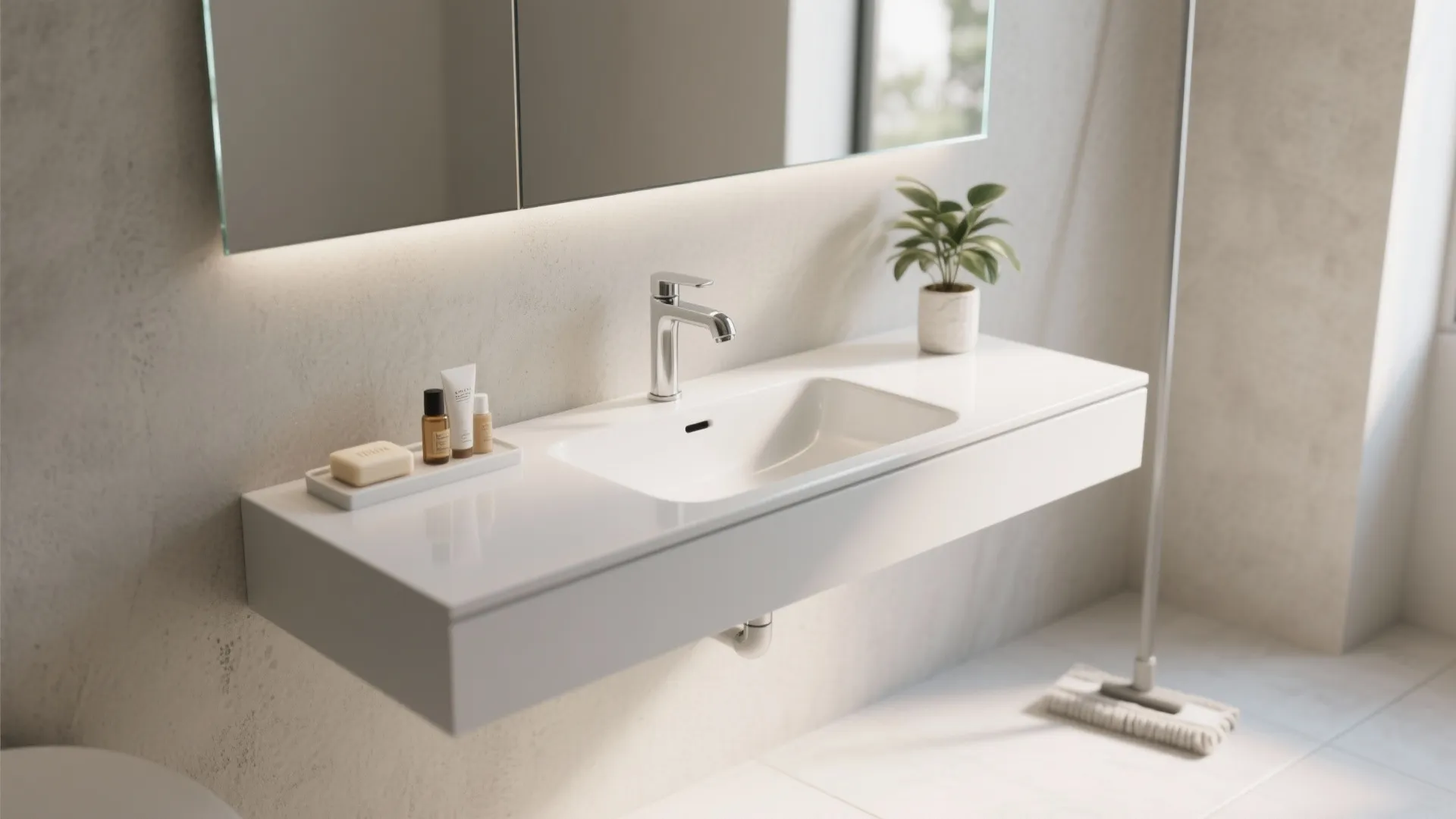 Floating wall-mounted sink with integrated ledge and reflective glass splashback in a small bathroom