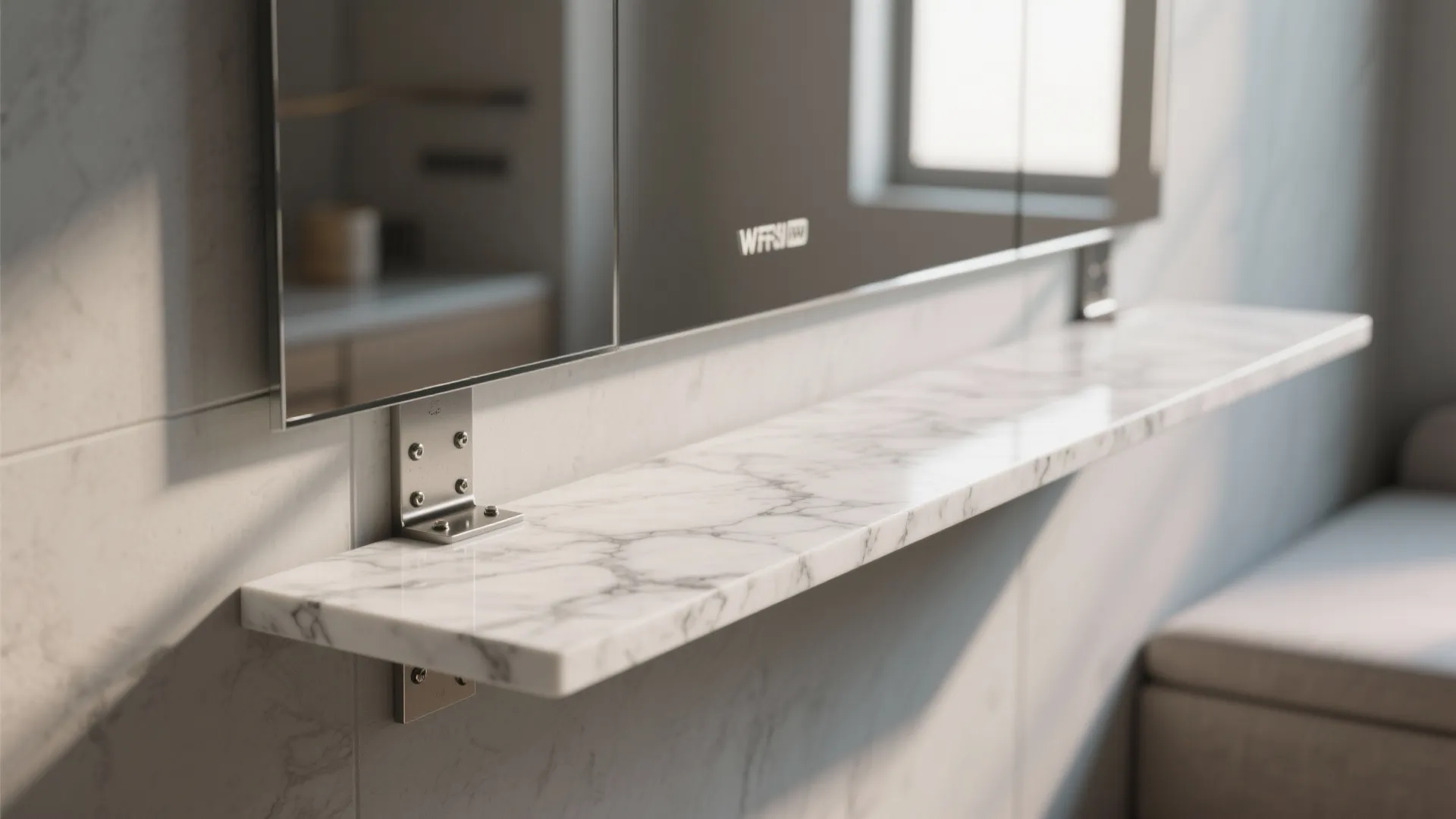 5. Floating marble slab with mirror and minimal seating