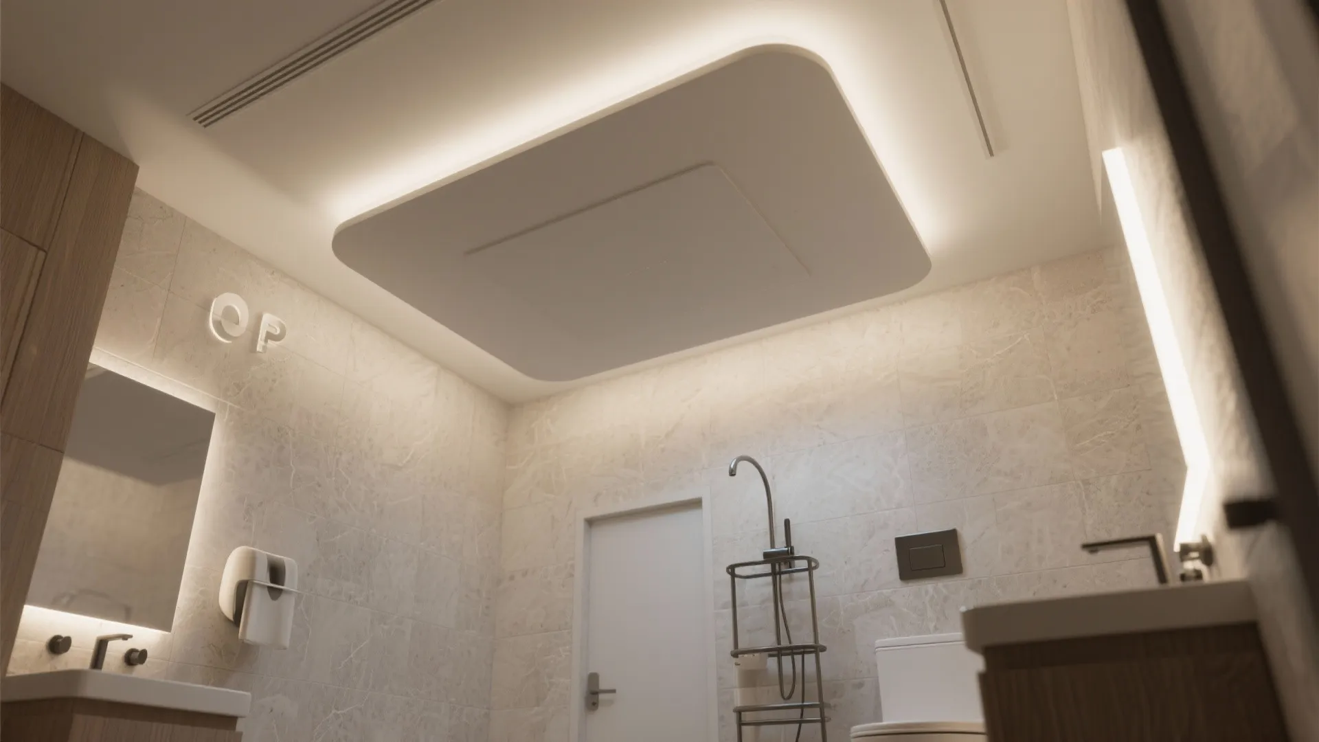 Modern bathroom with floating ceiling panel, hidden warm light, and light marble tiled wall design