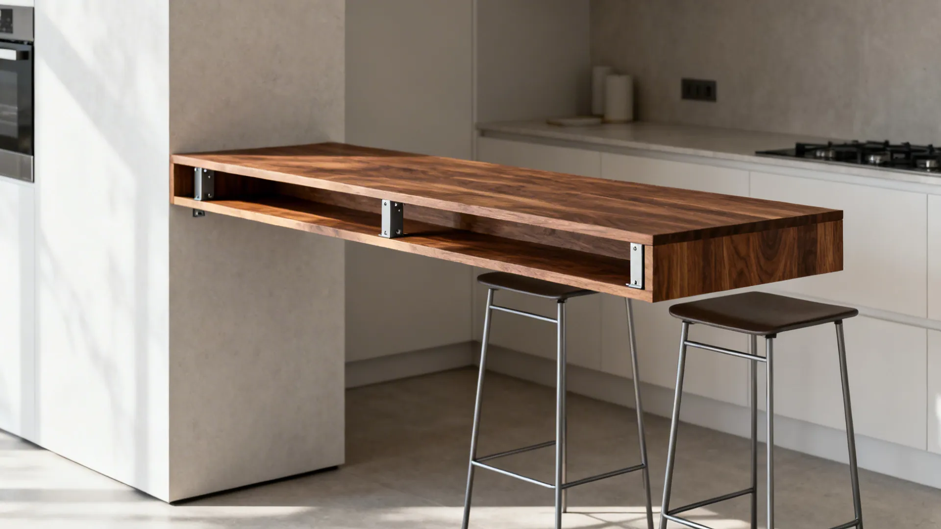 Narrow walnut floating breakfast slab with concealed brackets and two slim stools underneath.