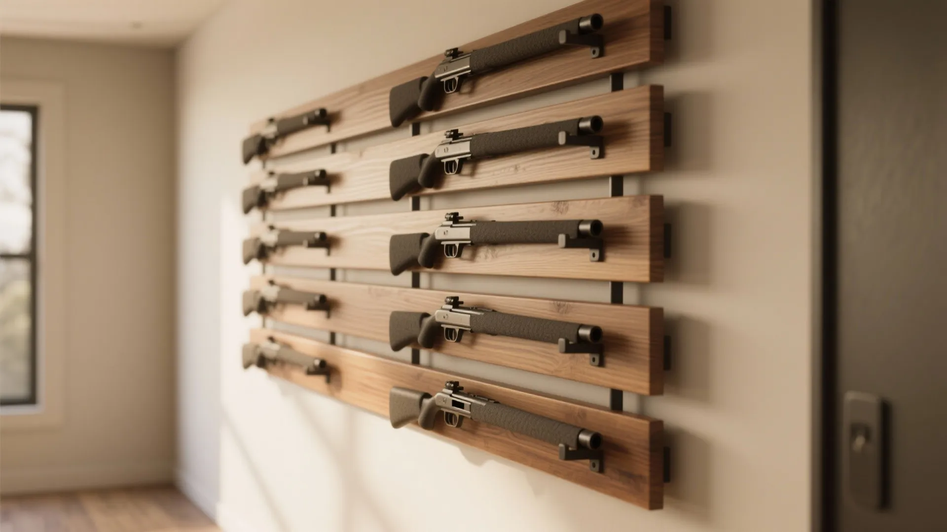 Row of horizontal wood wall panels holding multiple black items in a bright modern room
