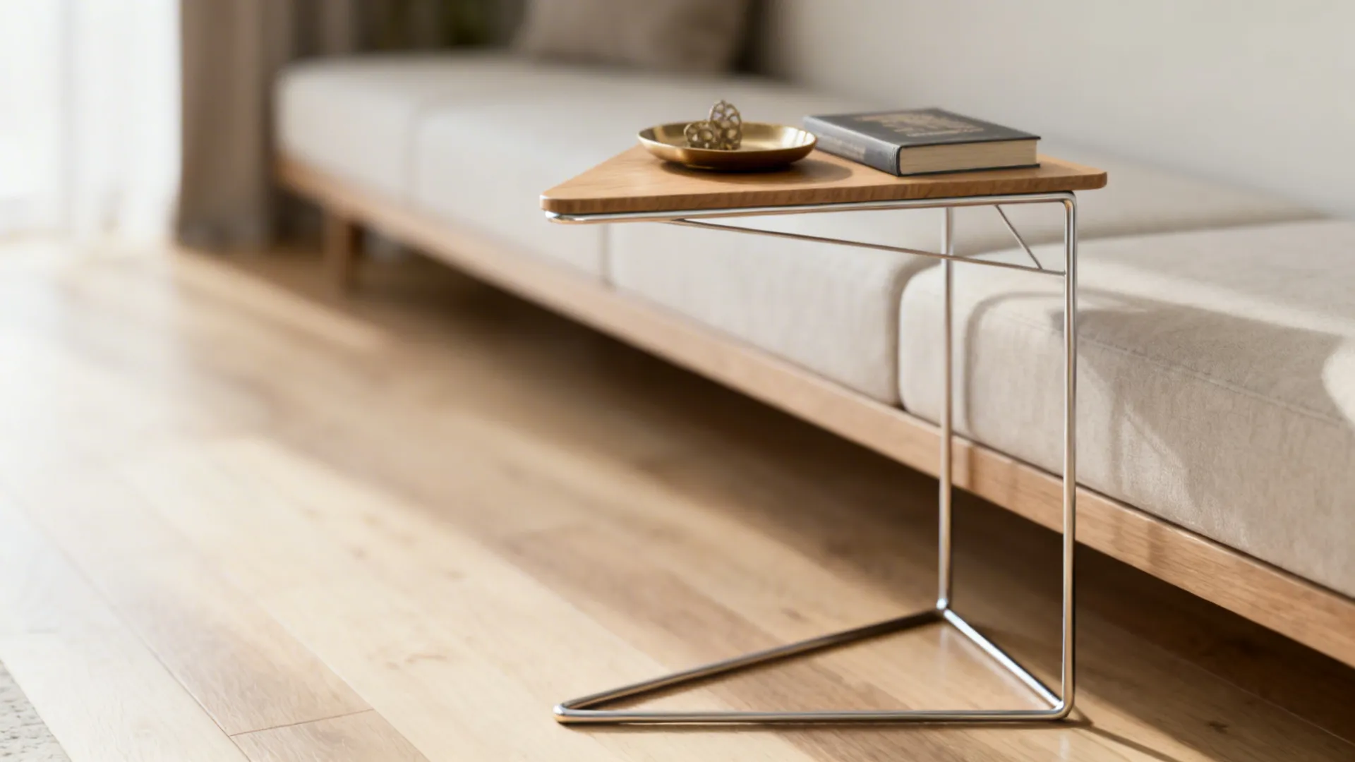 Slim-legged triangular side table tucked beside a narrow sofa, floating visual feel.
