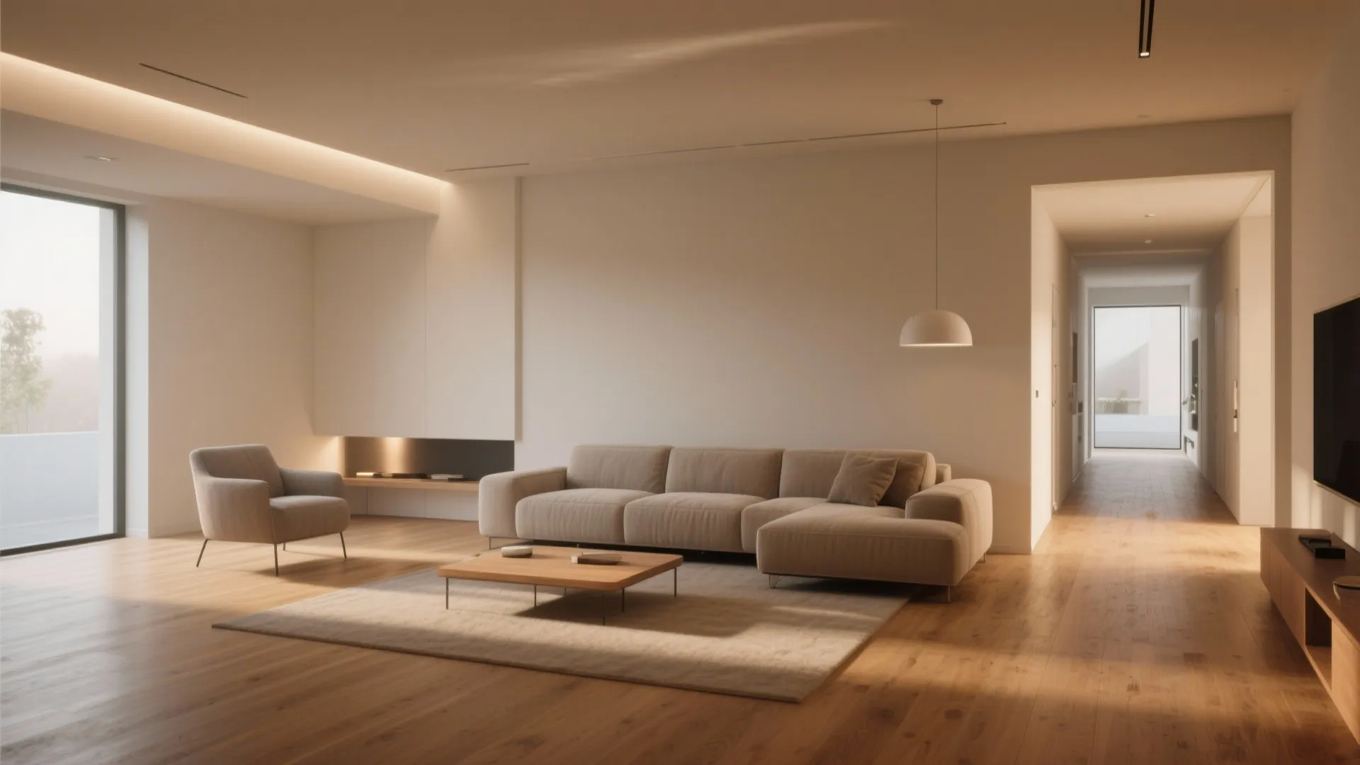Minimalist living room with beige sofa wooden floor ceiling light and warm sunlight through windows