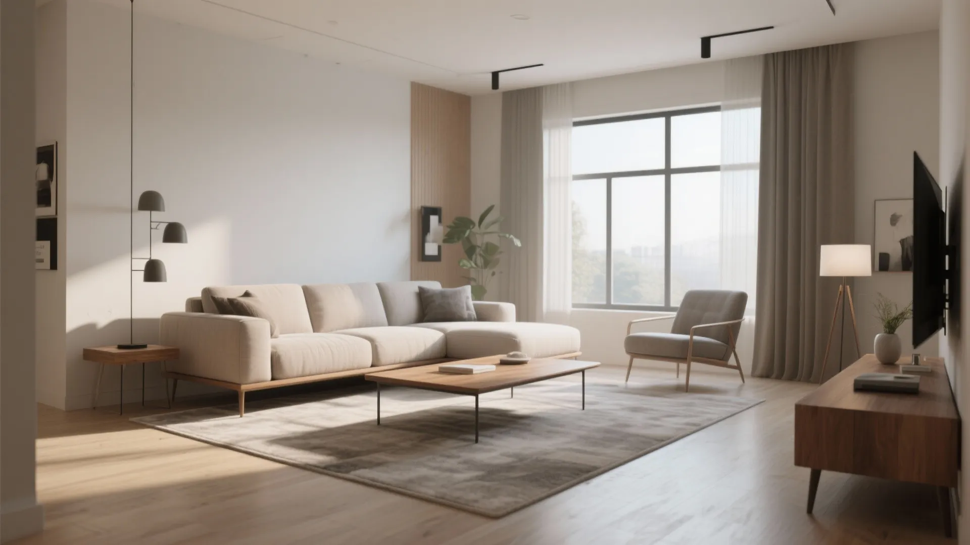 Bright living room with cream sofa wooden coffee table floor lamp large window and cabinet