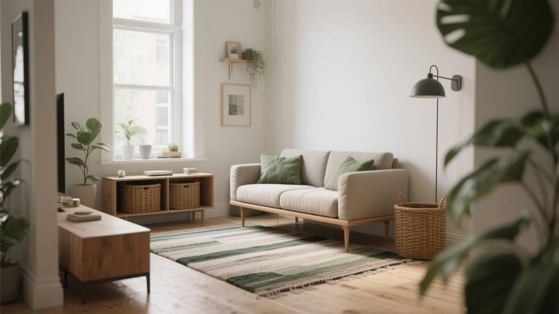 Minimalist living room with small sofa green pillows striped rug wood floor and wall light