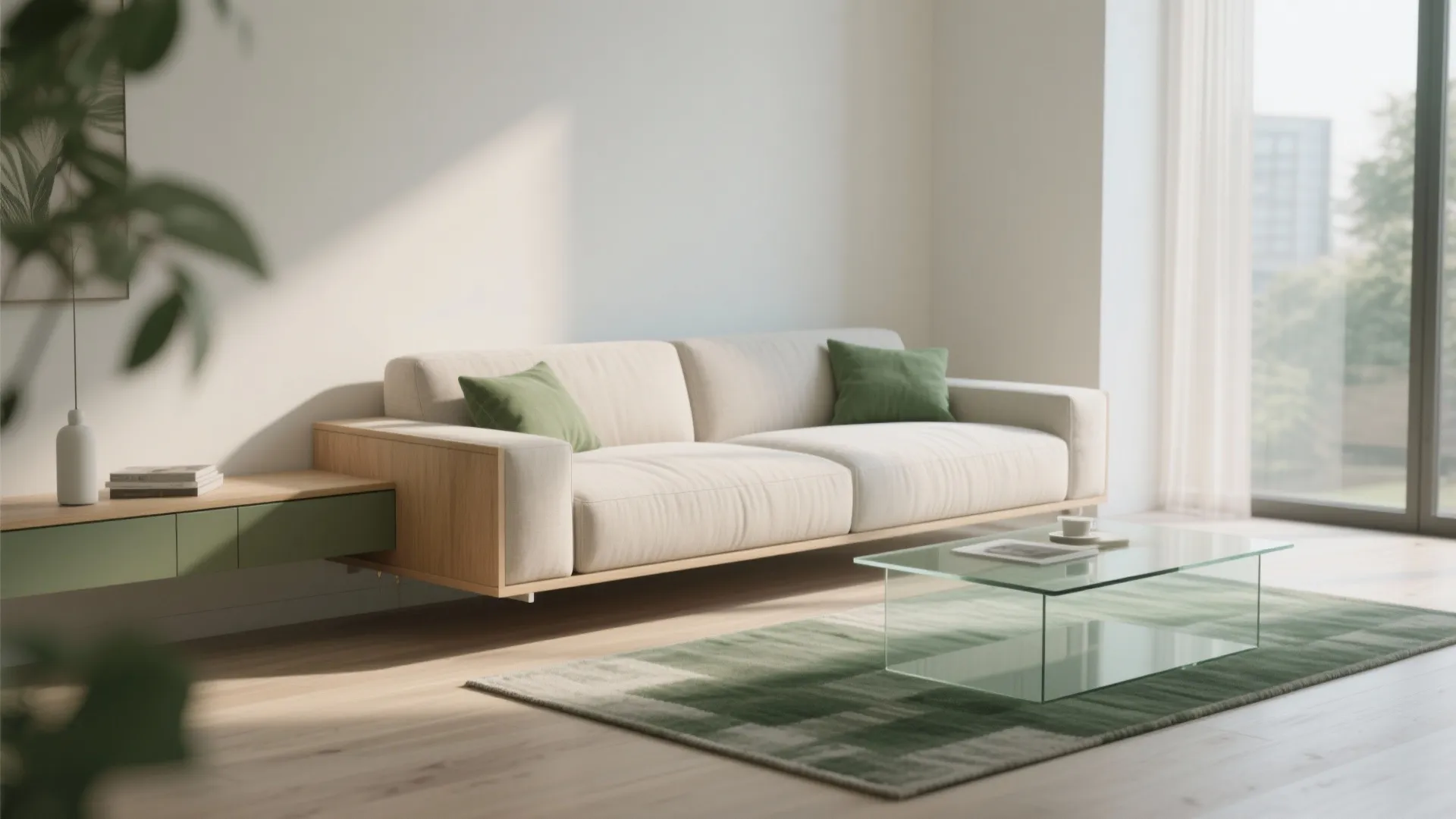 Minimalist living room with cream sofa and green pillows on green rug plus glass table