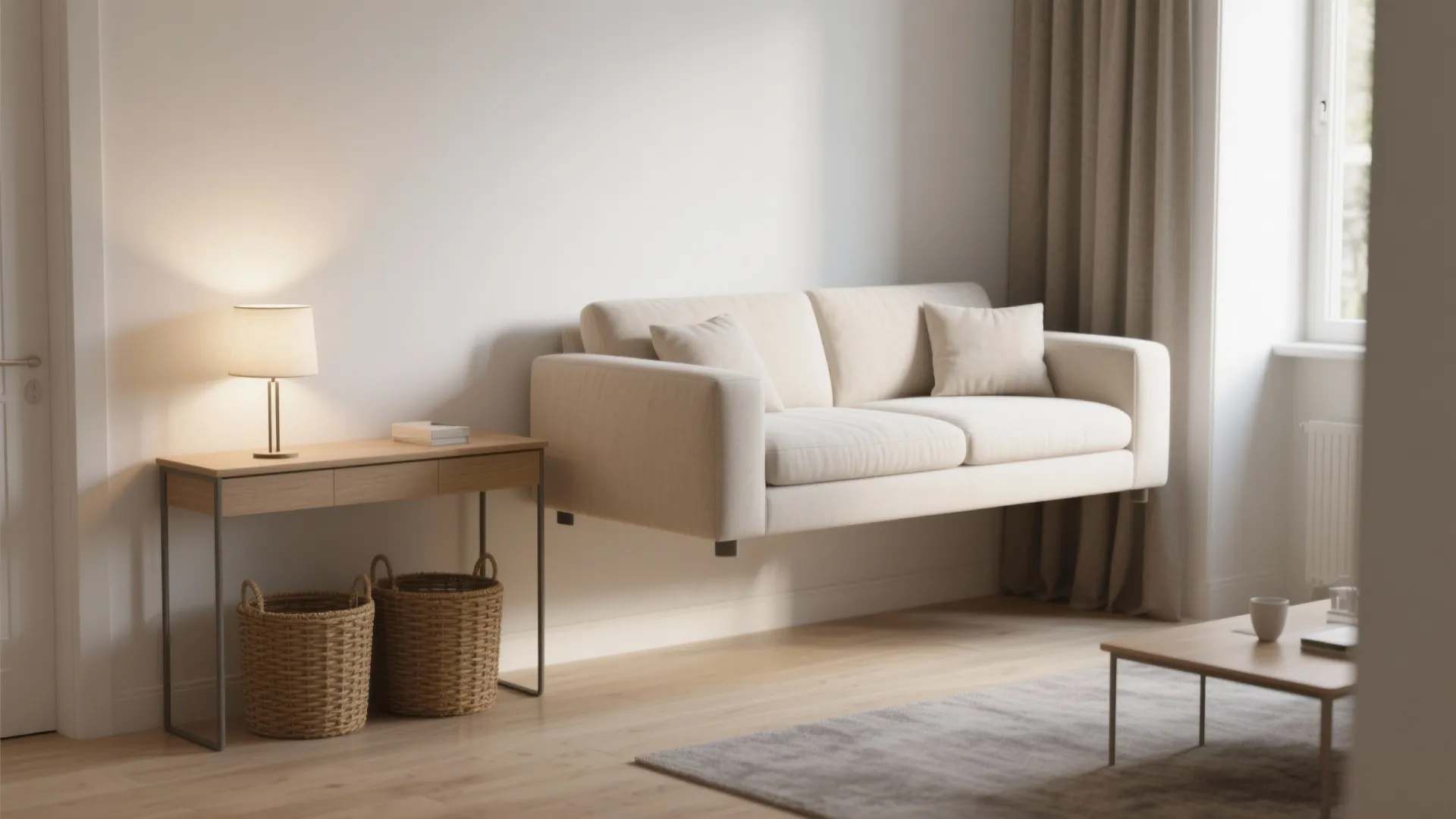 2. Floating Sofa with Slim Backdrop