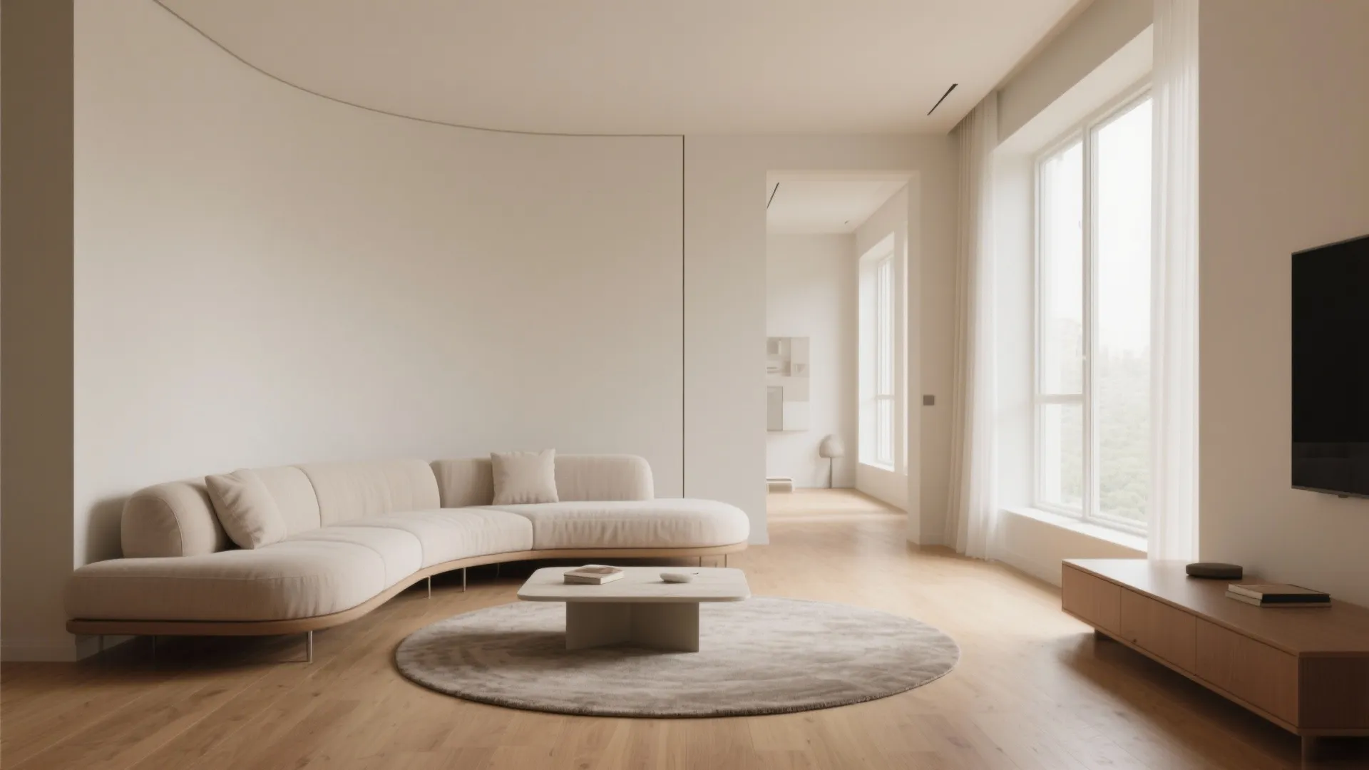 Curved sectional floated from the wall creating a walkway and open sightlines in a small living room.