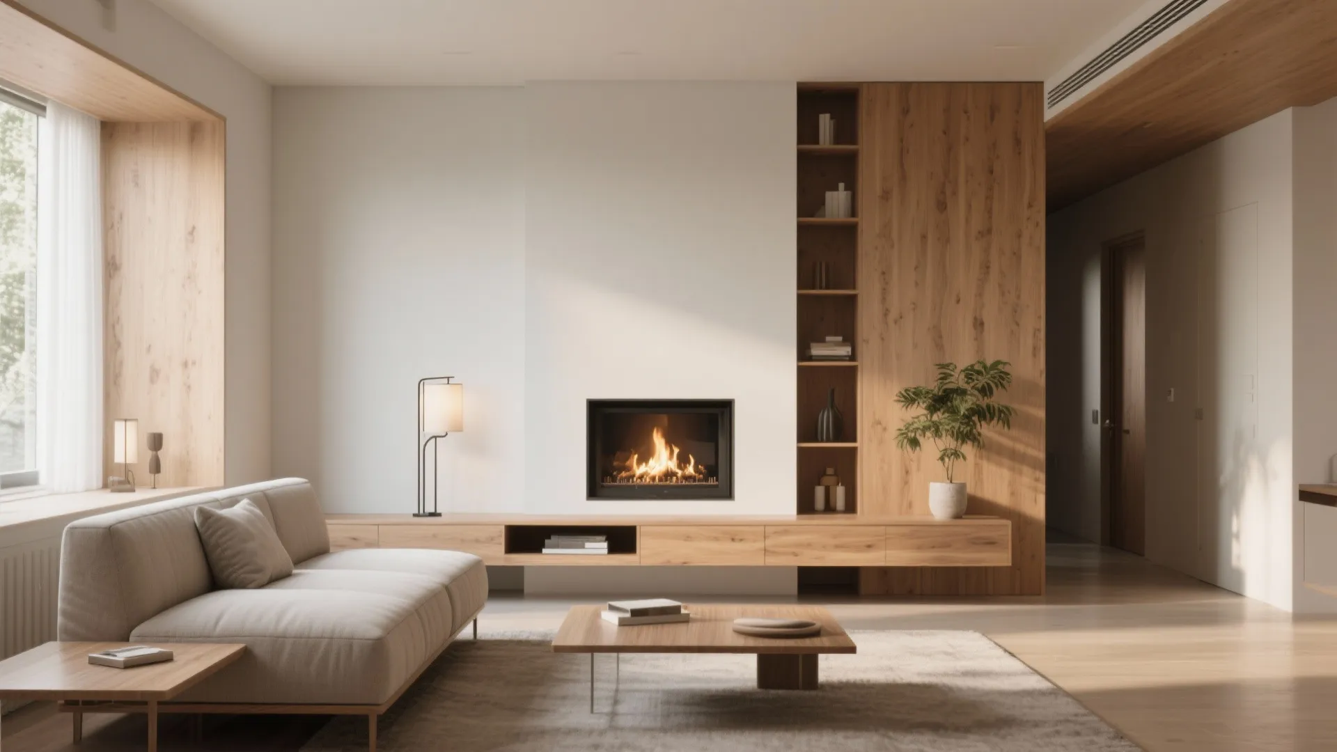 2. Floating sofa facing the hearth with a narrow console behind