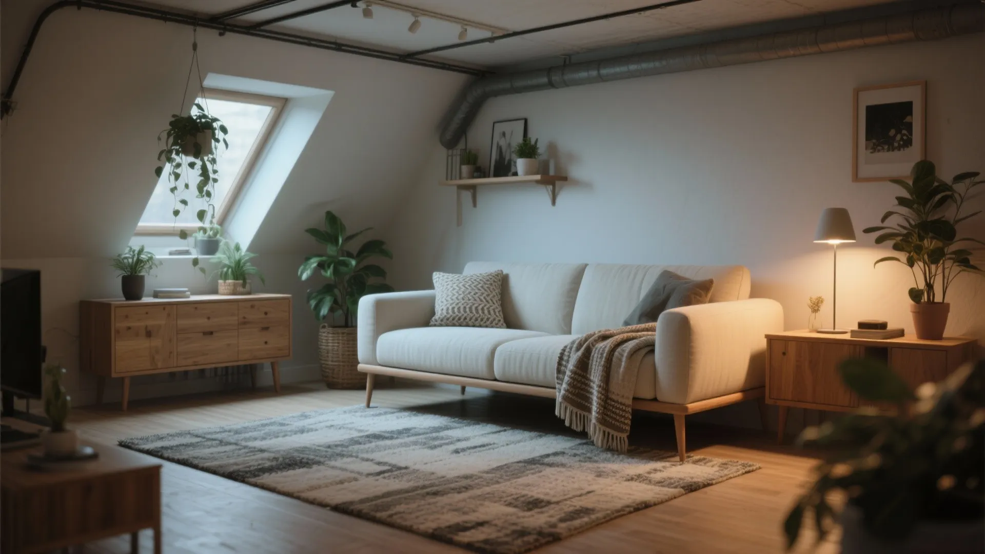 Modern attic living room featuring white sofa wooden cabinet green plants roof window and warm lighting