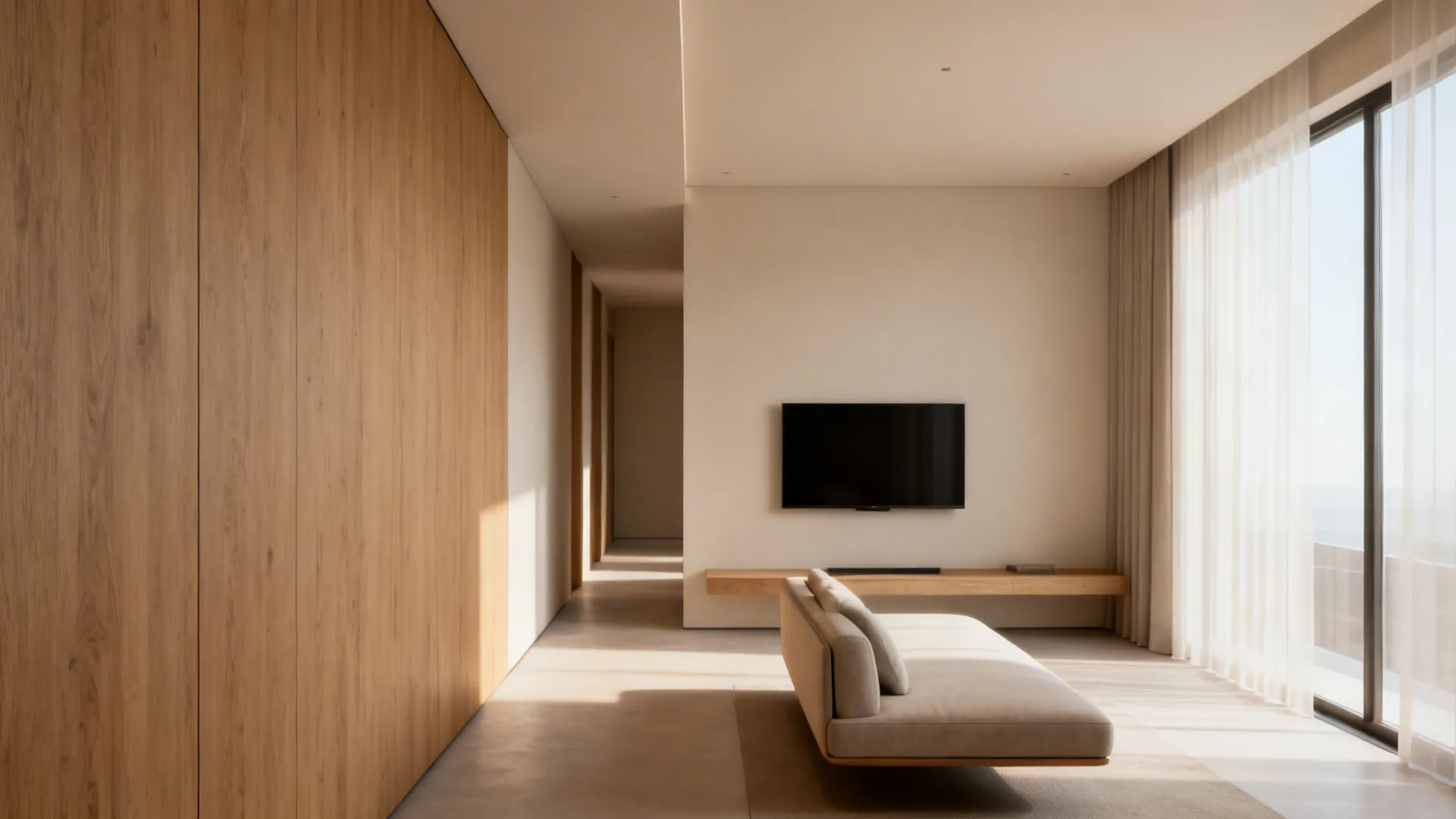 Slim sofa floated from the wall with a narrow console behind and a wall-mounted TV across, creating a clear walkway.