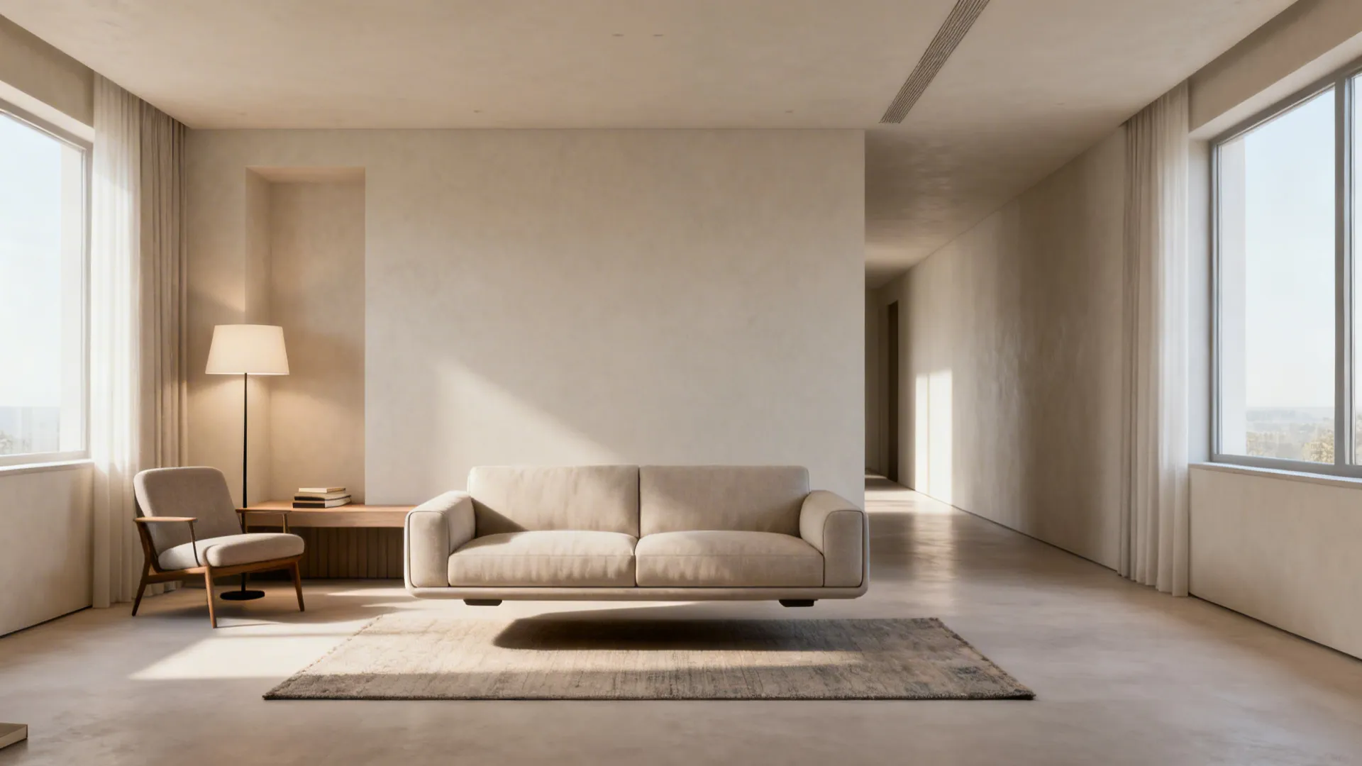 Long living room with a sofa floated from the wall, anchored by a rug and console, creating a reading nook