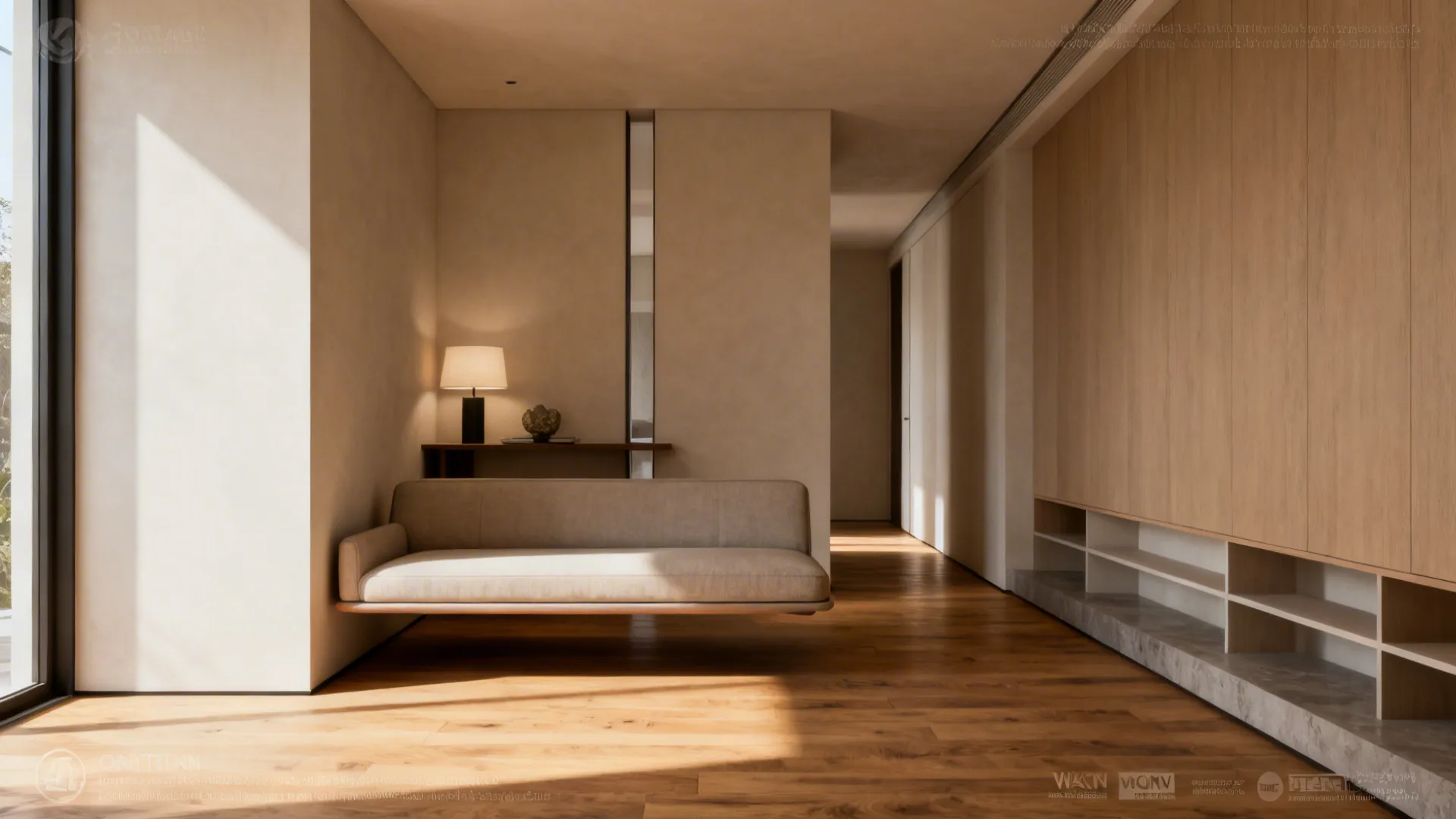 Slim sofa floated from the wall with a narrow console and a clear walkway behind it.