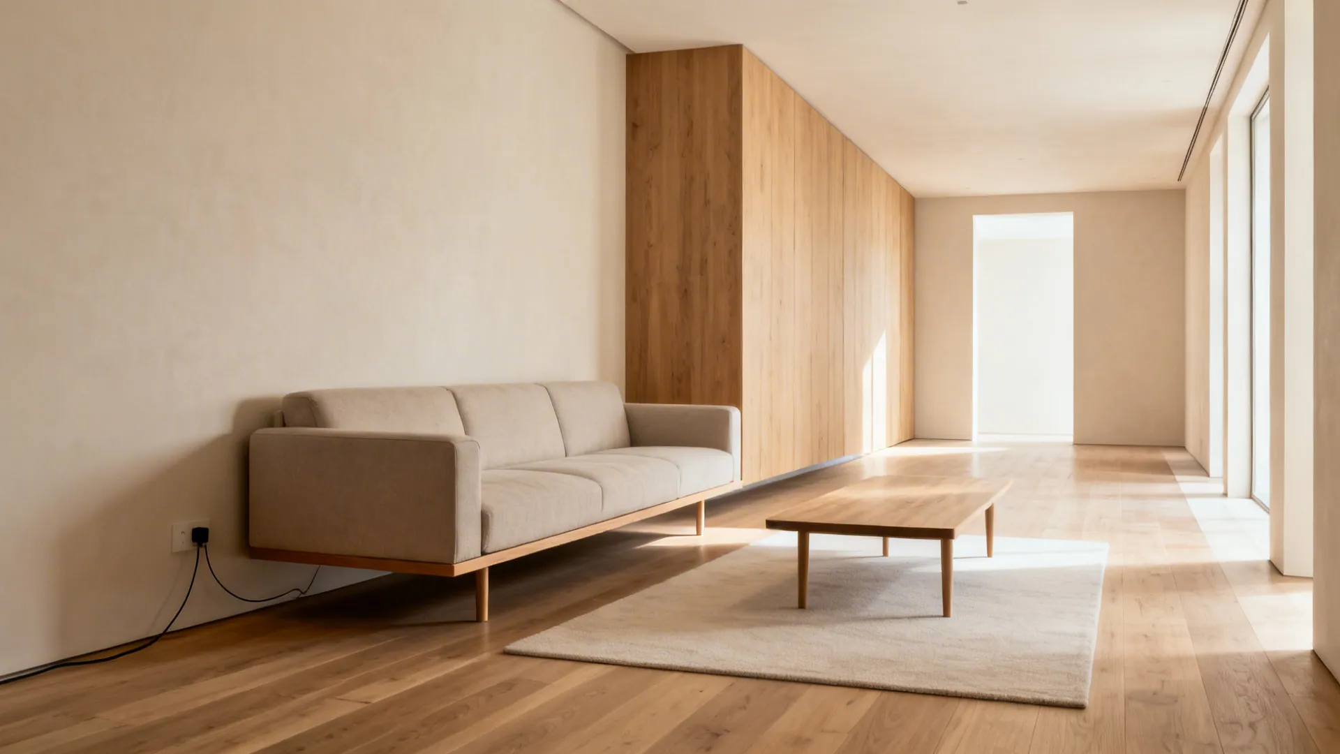 Slim sofa floated off the wall with raised legs and clear walkways in a narrow living room.
