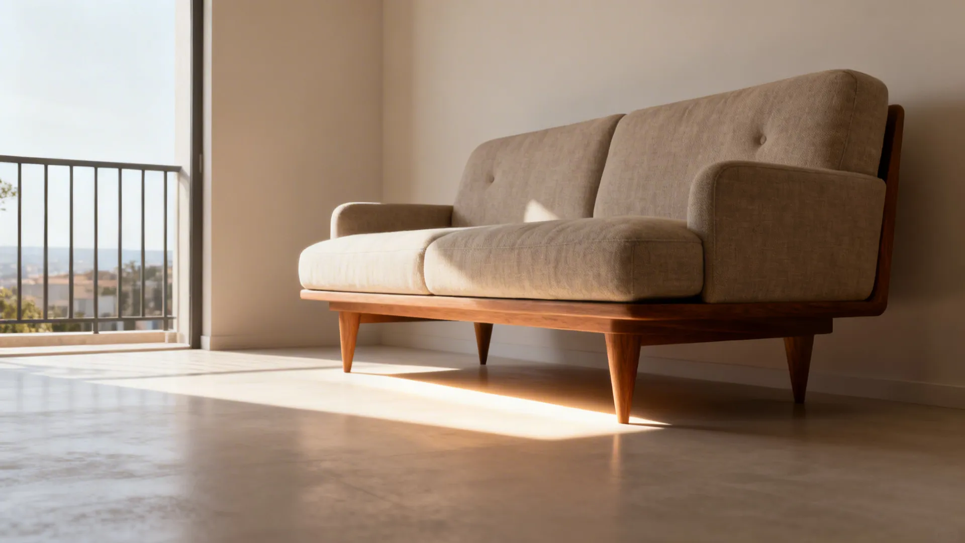 Mid-century floating sofa with raised legs letting light pass underneath