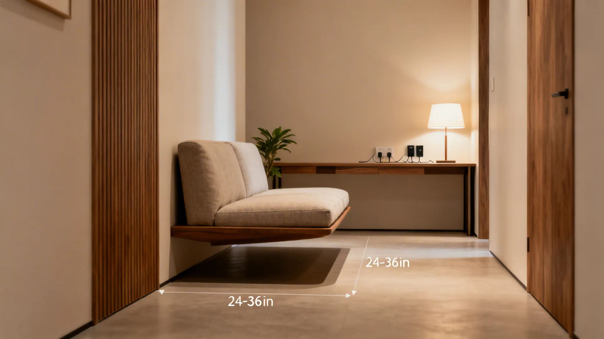 Interior design drawing showing a wall mounted floating sofa with floor clearance measurements and lamp