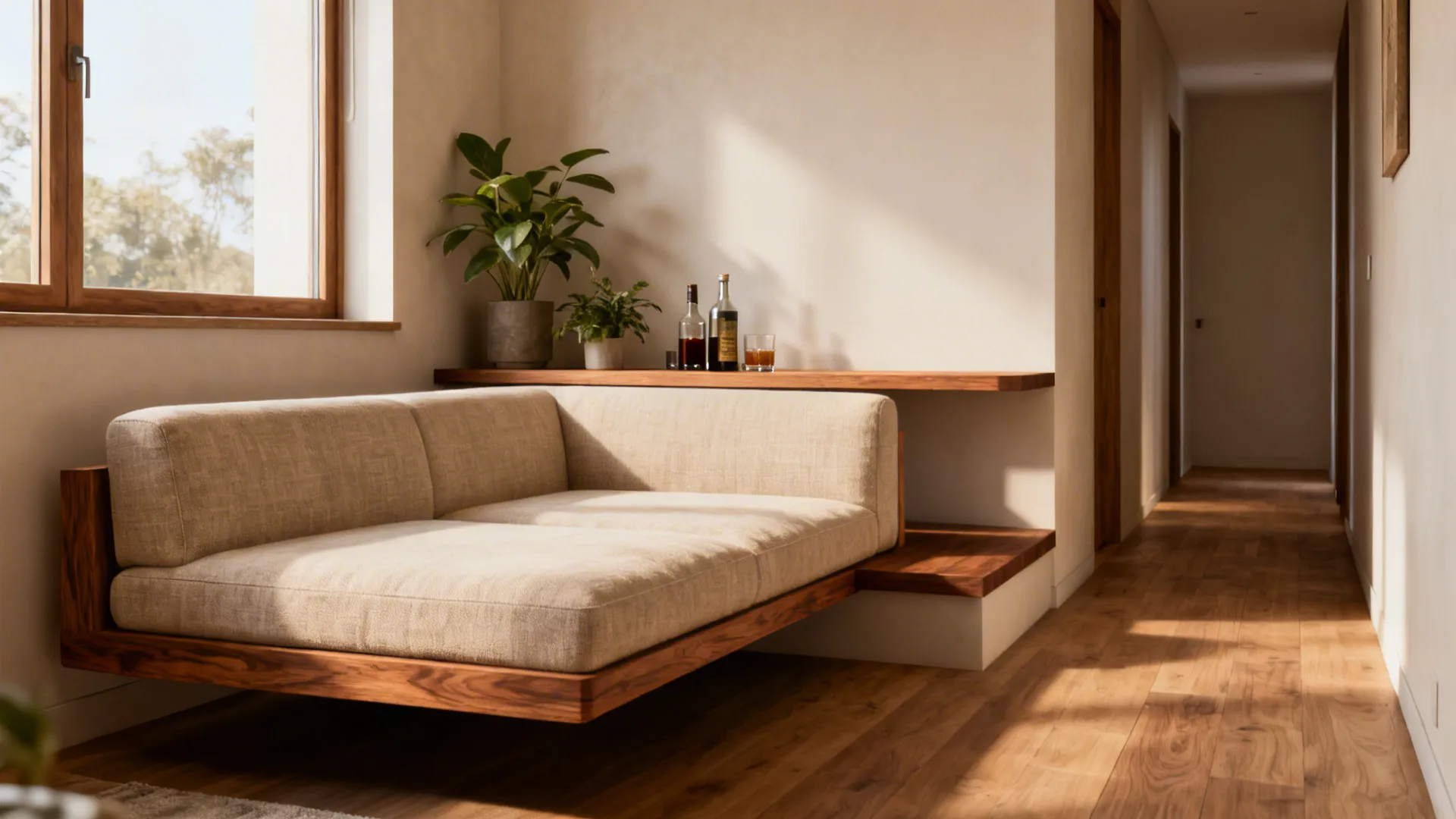 Floating sofa with a low console bench behind it, used as a landing surface in a compact room.