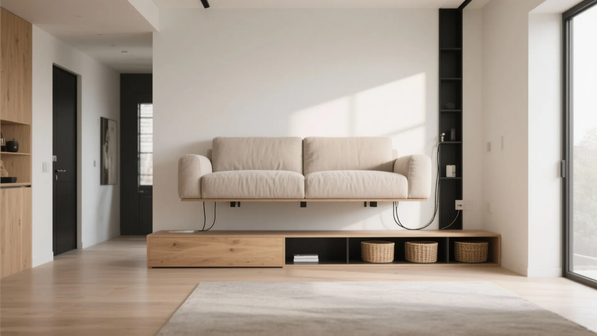 Modern minimal living room featuring a beige sofa wall mounted above a long wooden cabinet