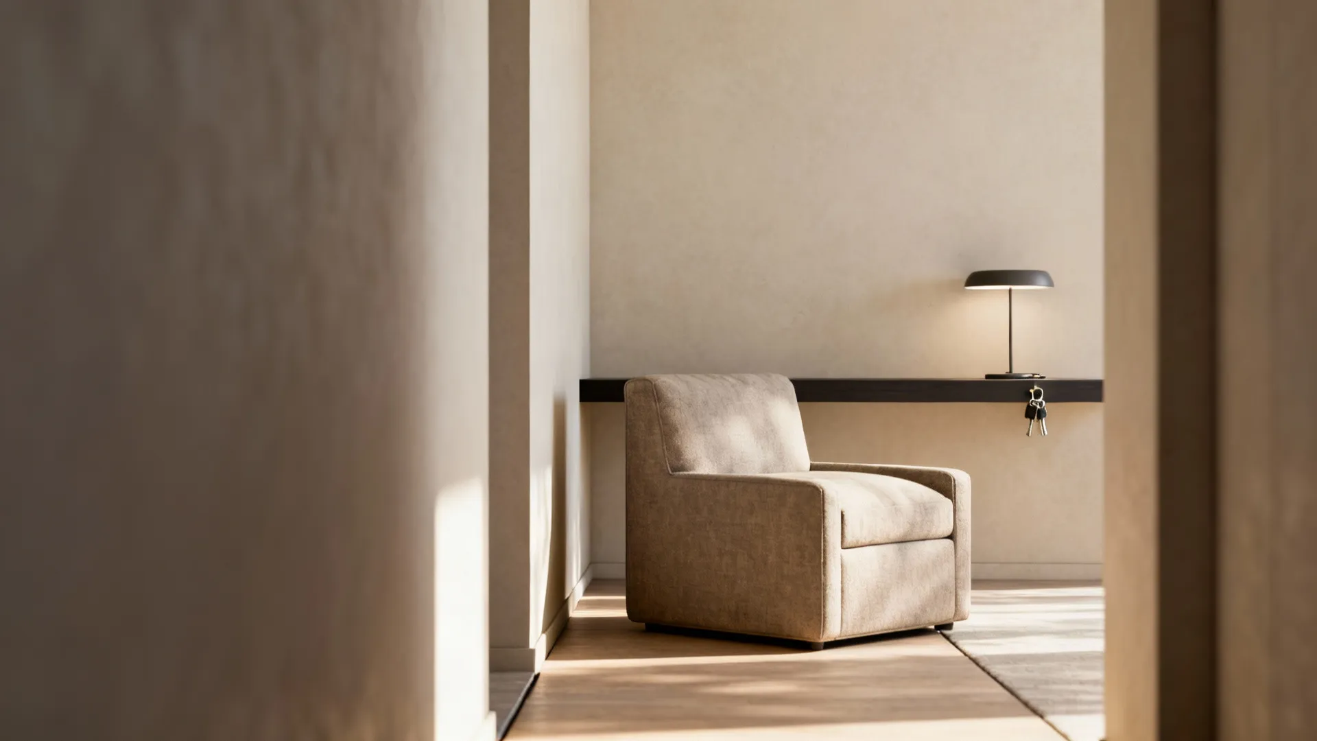 Floating sofa with a narrow console table behind it creating a gap and walkway
