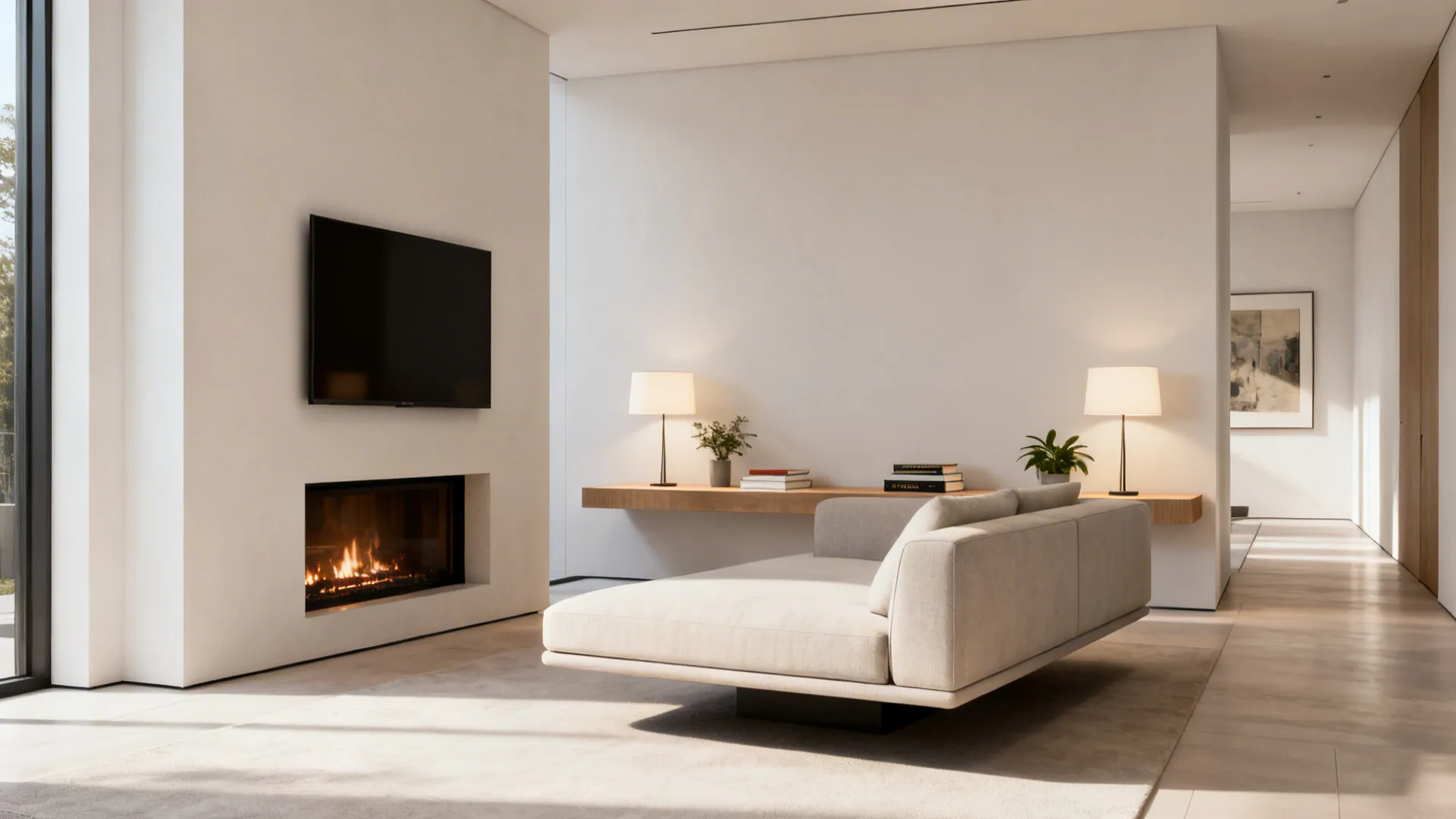 Modern living room with white walls wall mounted television fireplace beige sofa floating wooden shelf