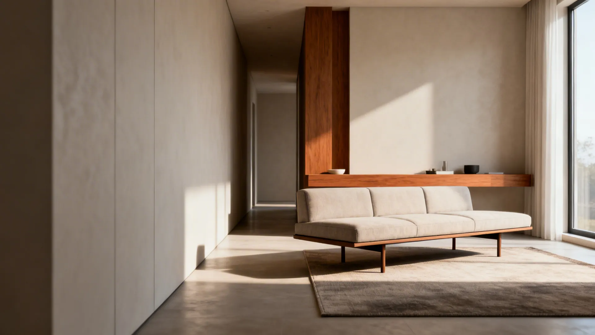 Floating slim sofa with a narrow console behind creating a circulation corridor in a small living room