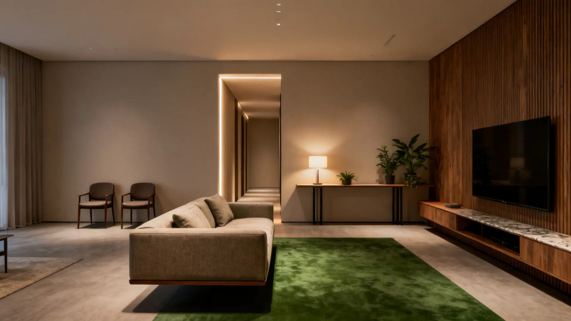 Floating sofa with a slim console behind and chairs placed against the opposite wall, creating depth and walkway.