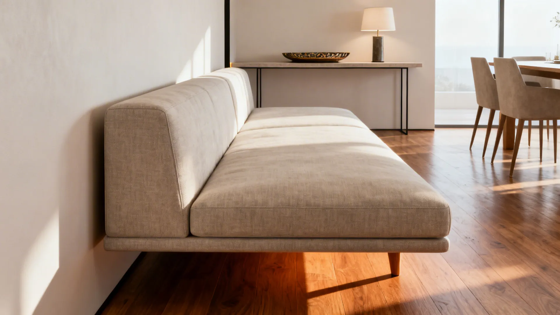 Light beige sofa placed against a white wall near a thin table with a small lamp