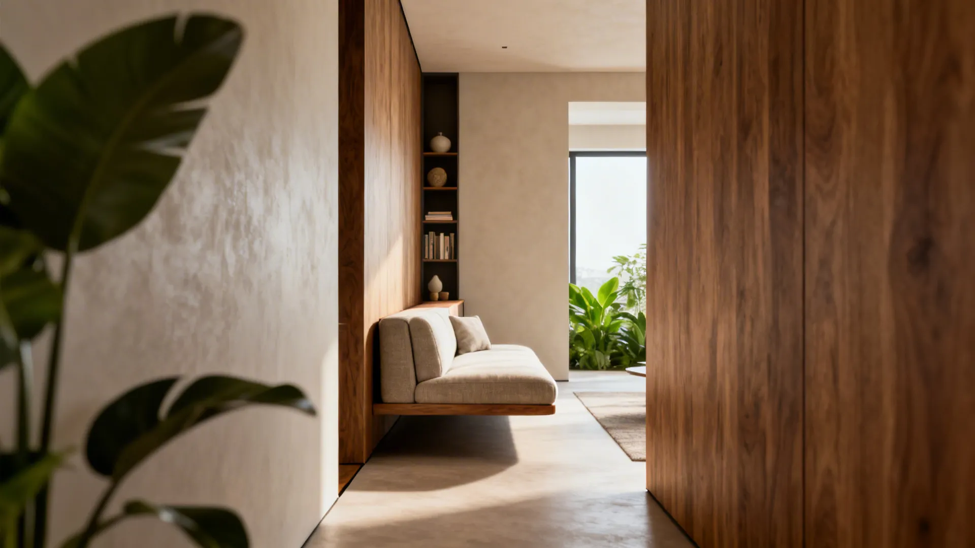 Slim sofa floated from the wall with a narrow console behind it, creating open sightlines in a small living room