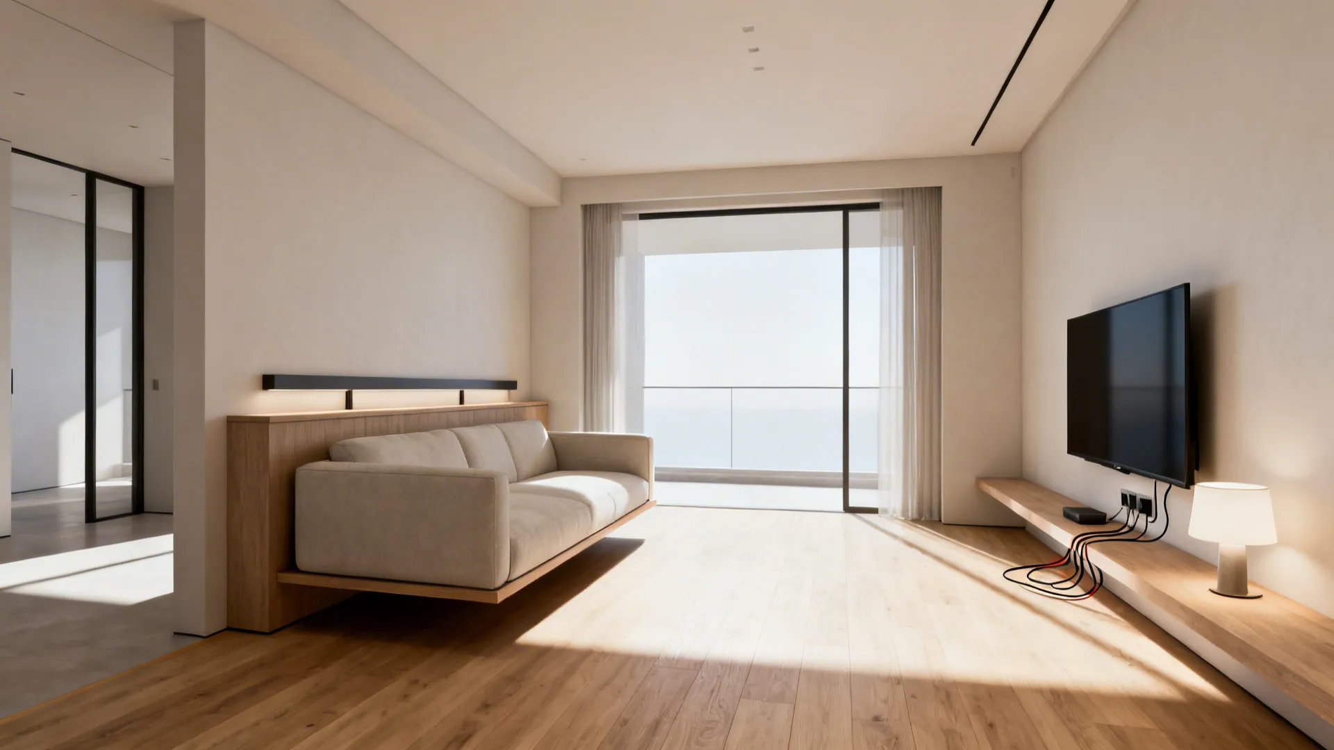 Open-plan living area with a floating sofa and a slim console behind it, TV anchoring a zone.