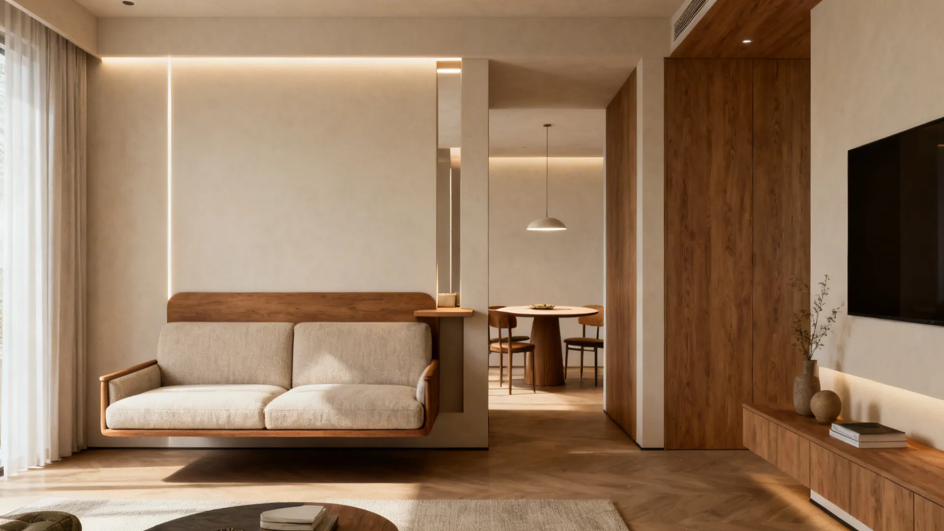 Modern living room with a floating wooden sofa, cream walls, and a visible dining area
