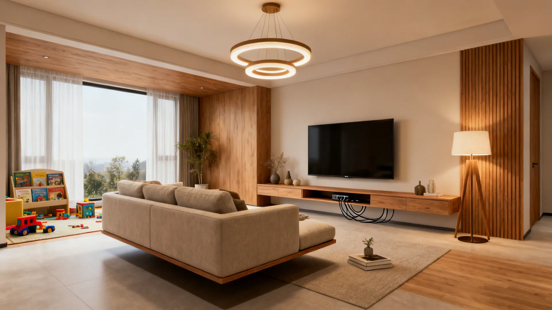 Floating sofa with slim console dividing TV area and reading zone in an L-shaped living room