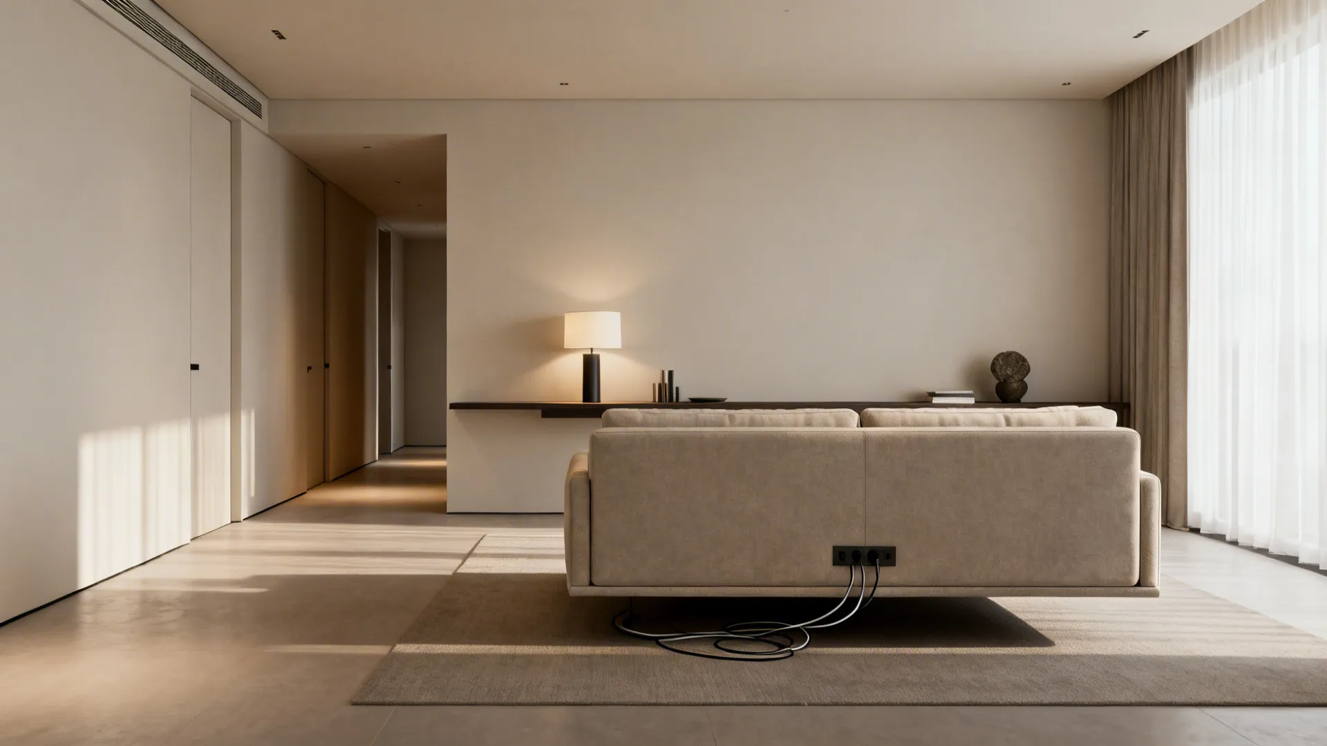 Floating sofa with console behind acting as a divider between entry and living area in a narrow room