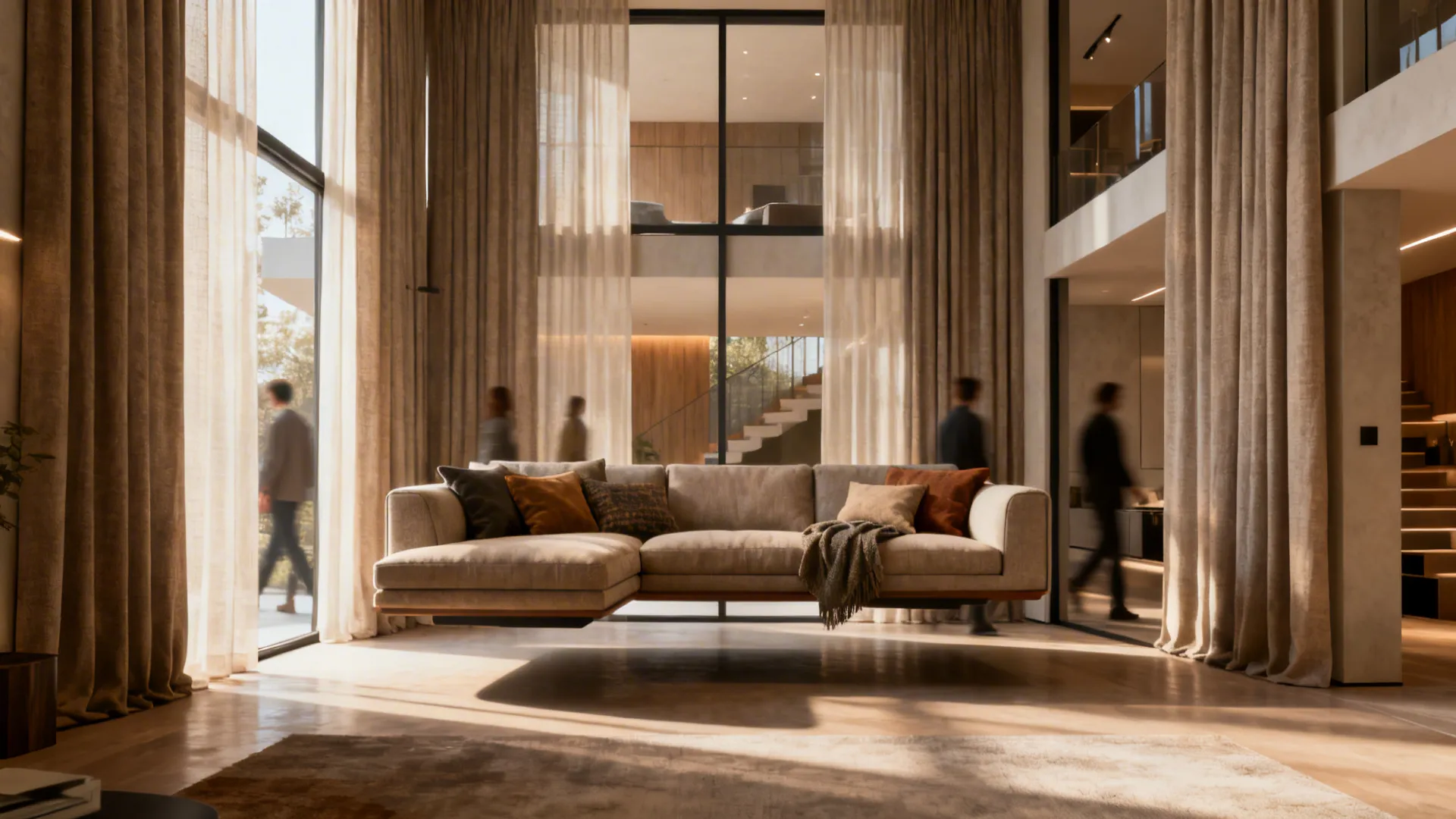 Floating sofa with floor-to-ceiling drapes allowing circulation behind the seating