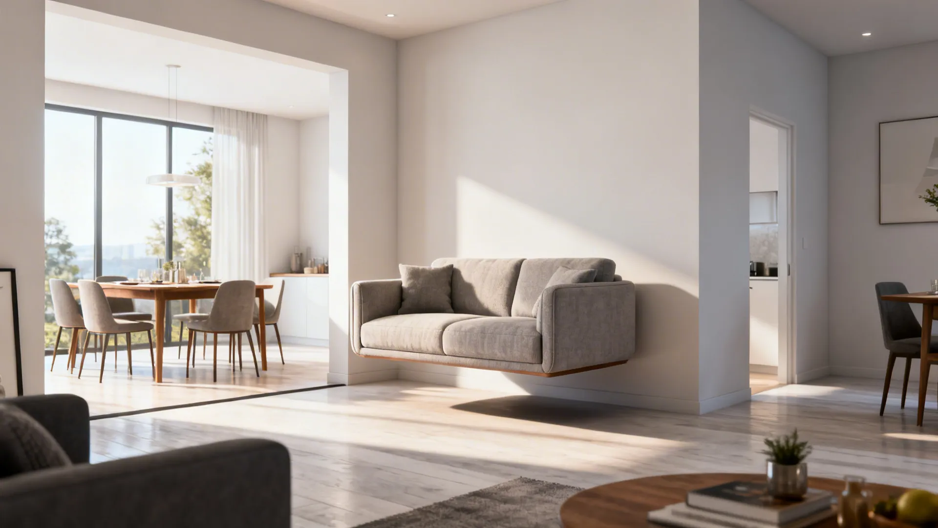 Floating sofa creating a living pocket and maintaining circulation in an L-shaped room