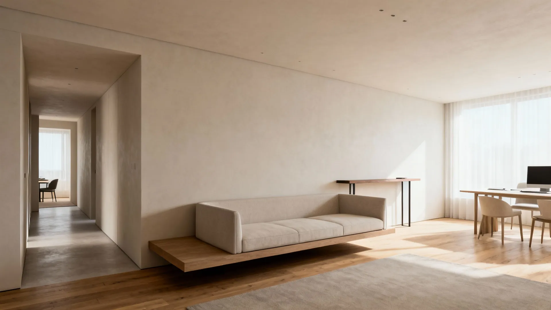 Low-back floating sofa creating a hallway and separation in an L-shaped living room