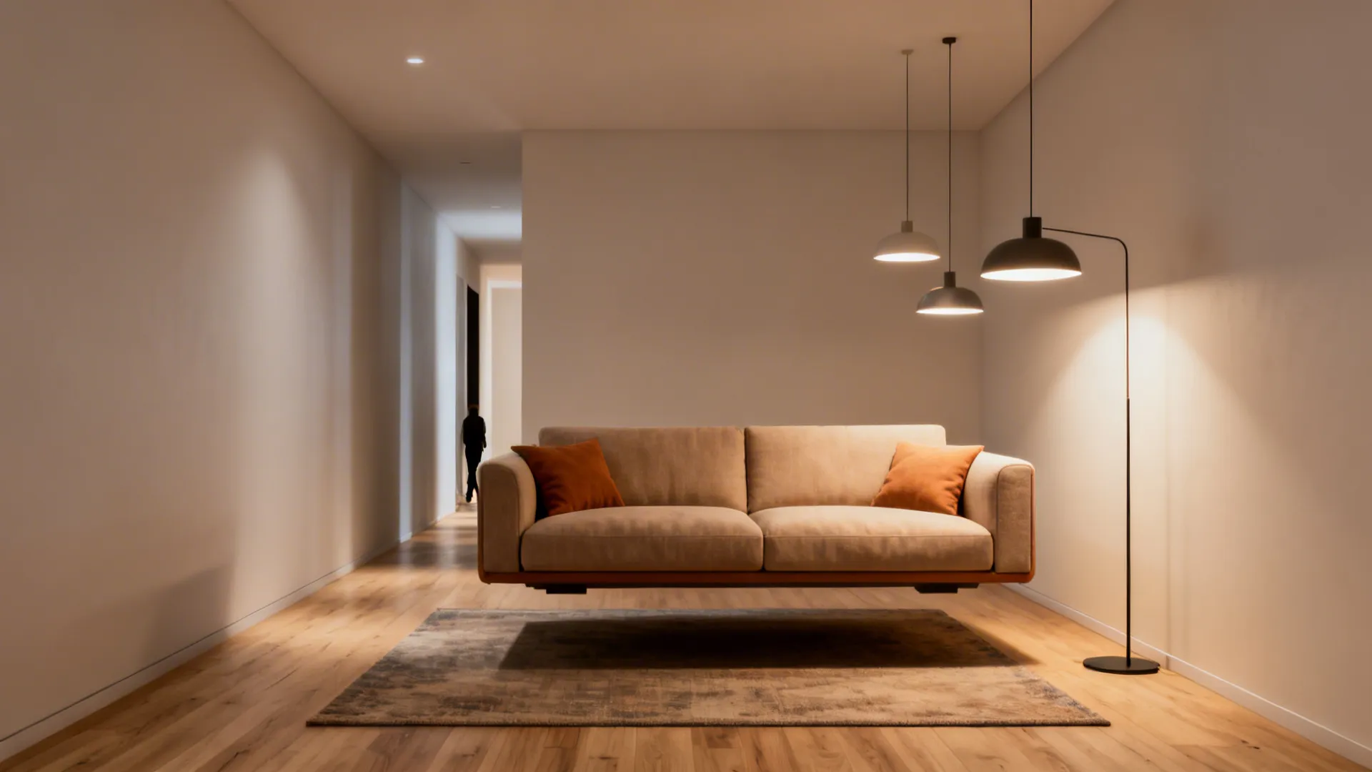 Floating sofa forming a central seating island with clear circulation behind it.