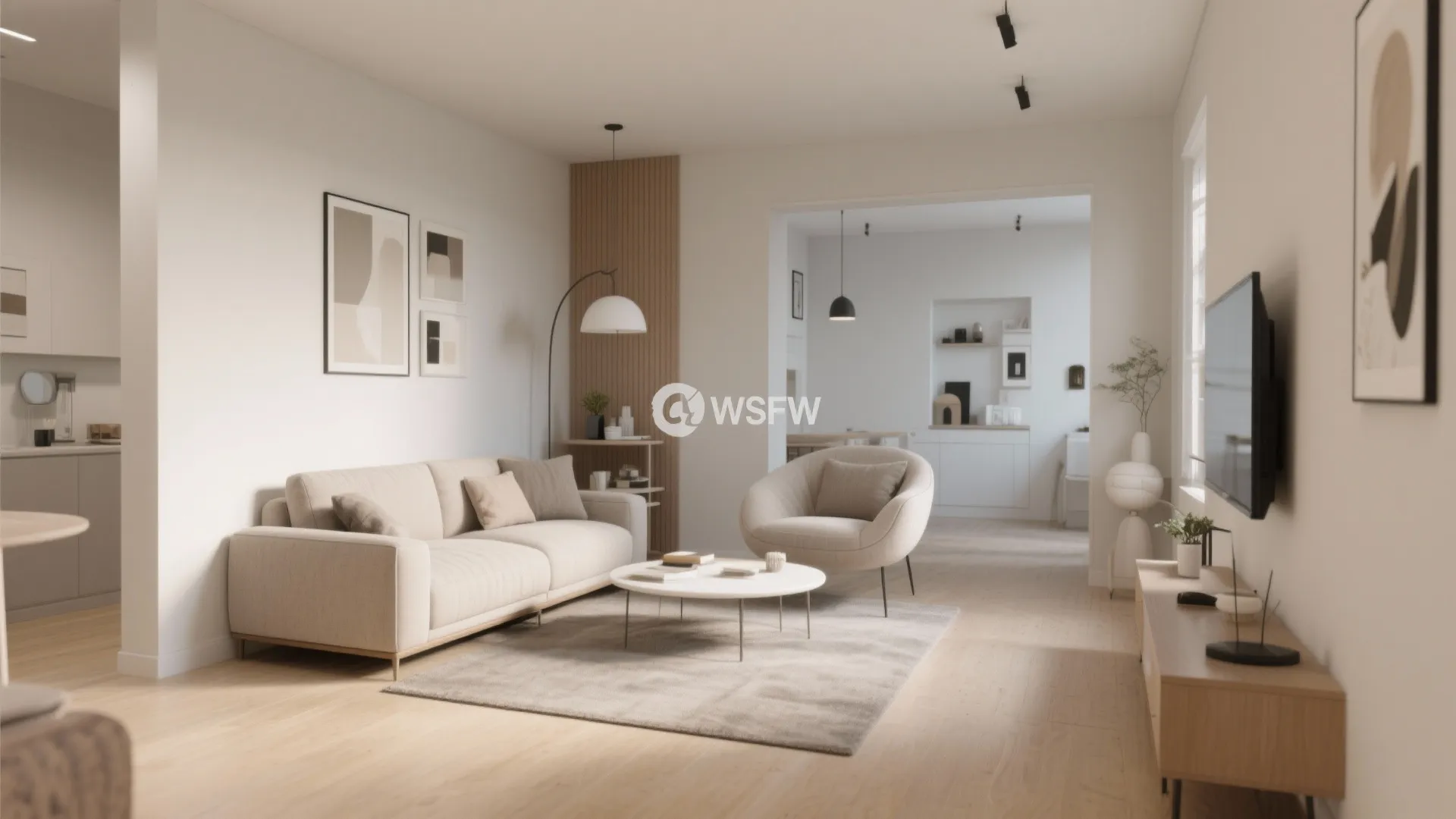 Living room with sofa floating away from wall forming a seating area