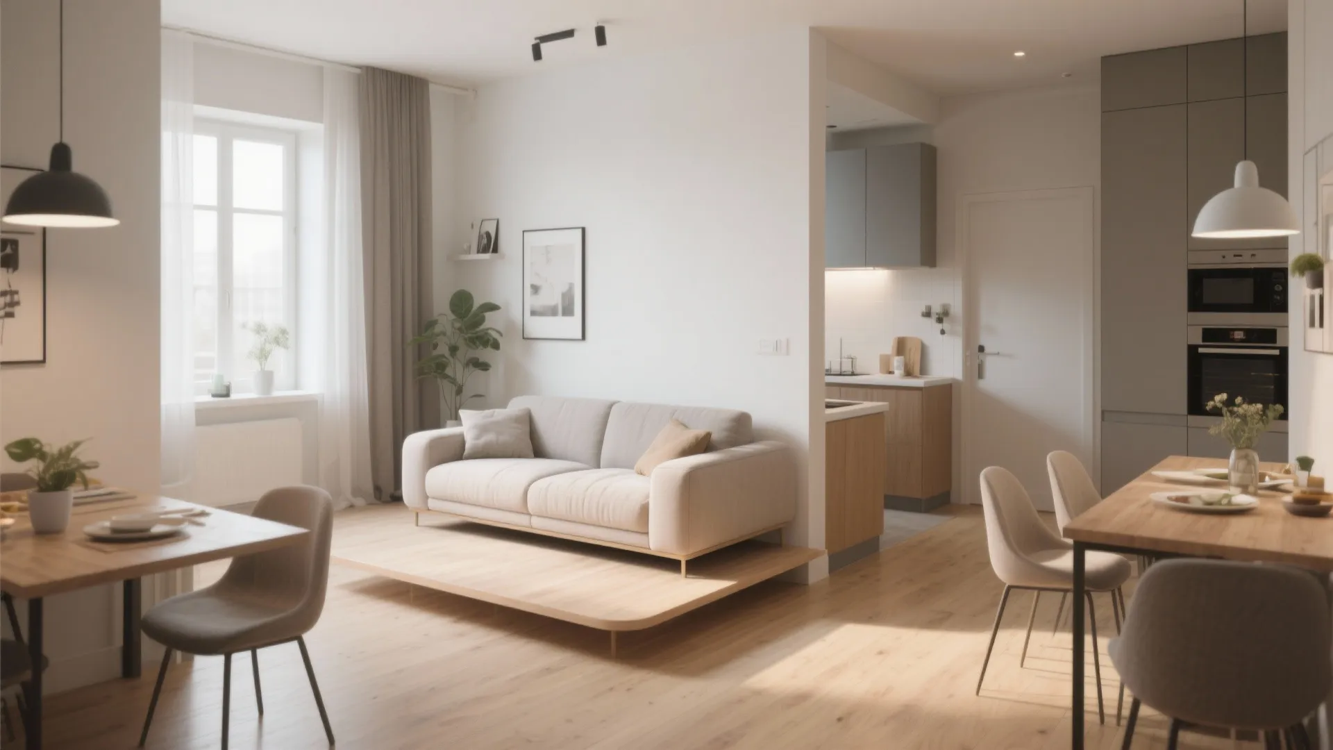 Open plan studio apartment featuring a grey sofa on raised platform with small kitchen area