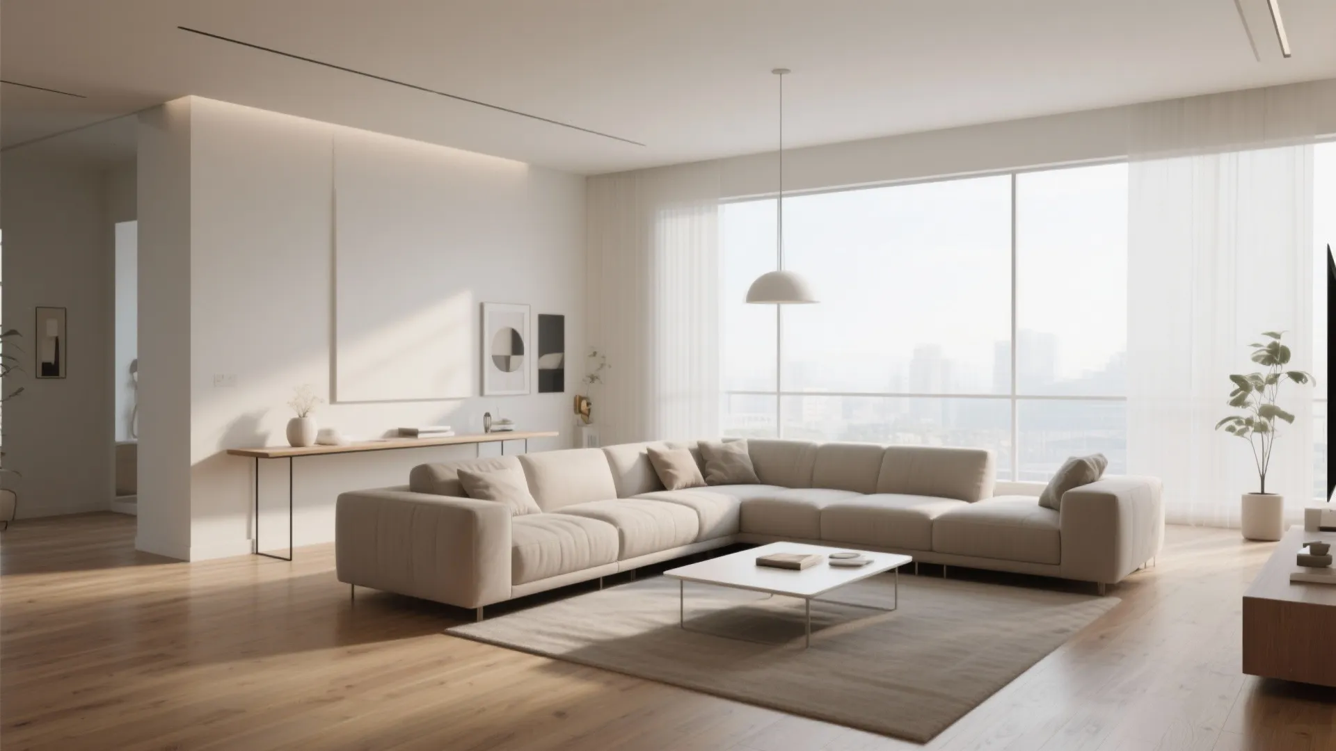 Modern minimal living room with large beige corner sofa white coffee table and wood flooring