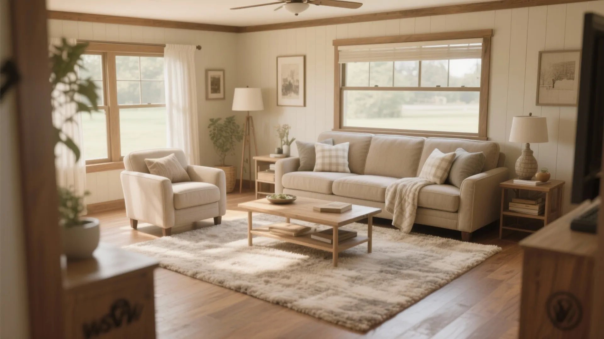 Neutral living room layout with sofa armchair wooden coffee table rug and large bright windows background