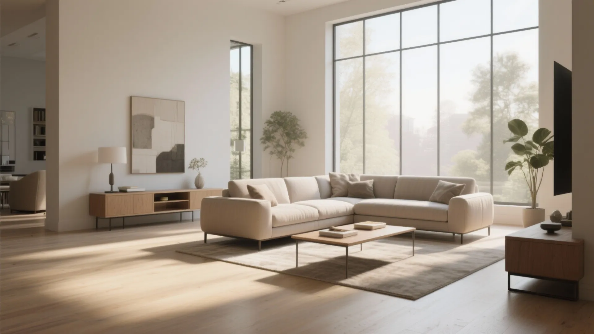 Modern living room with cream sofa wooden coffee table rug and large windows for light